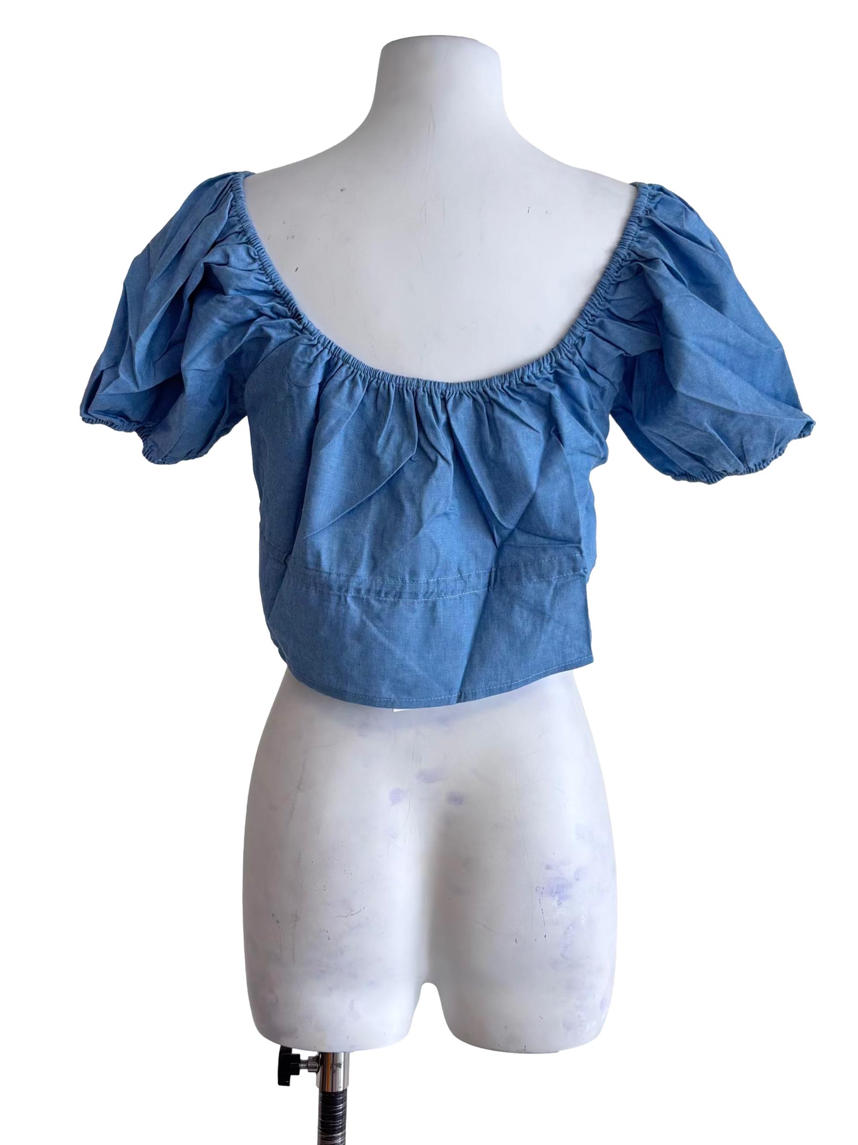 Blue Bert Chambray Puffy Drawstring Sleeve Top