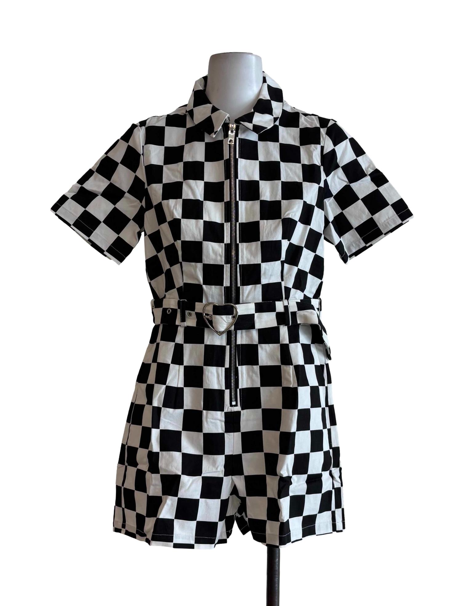 Black And White Checkered Short Sleeve Rompers
