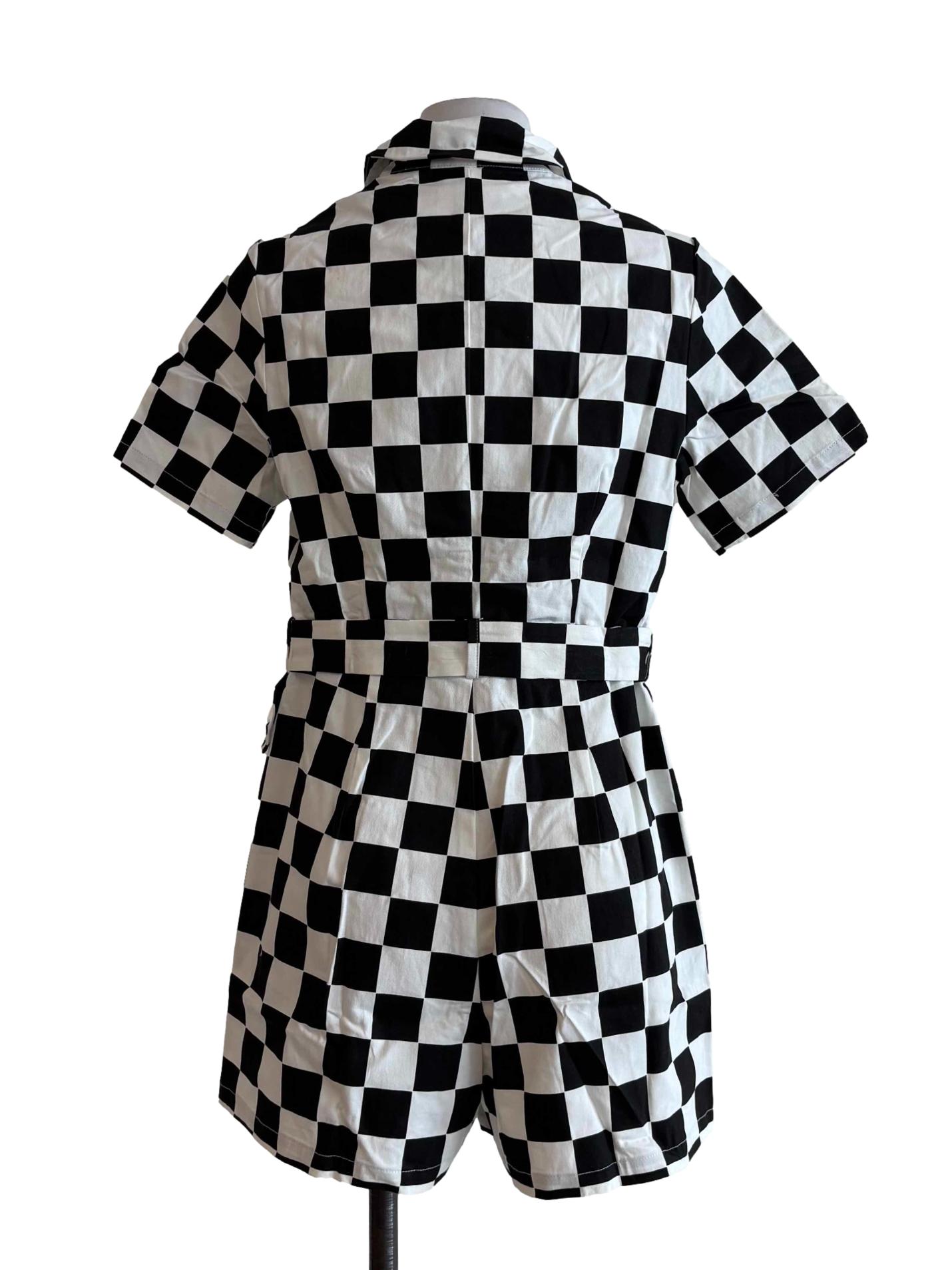 Black And White Checkered Short Sleeve Rompers