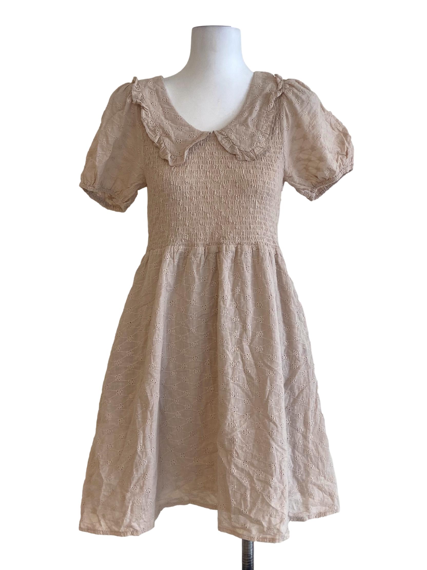 Ivory Beige Embroidery Floral A-Line Dress