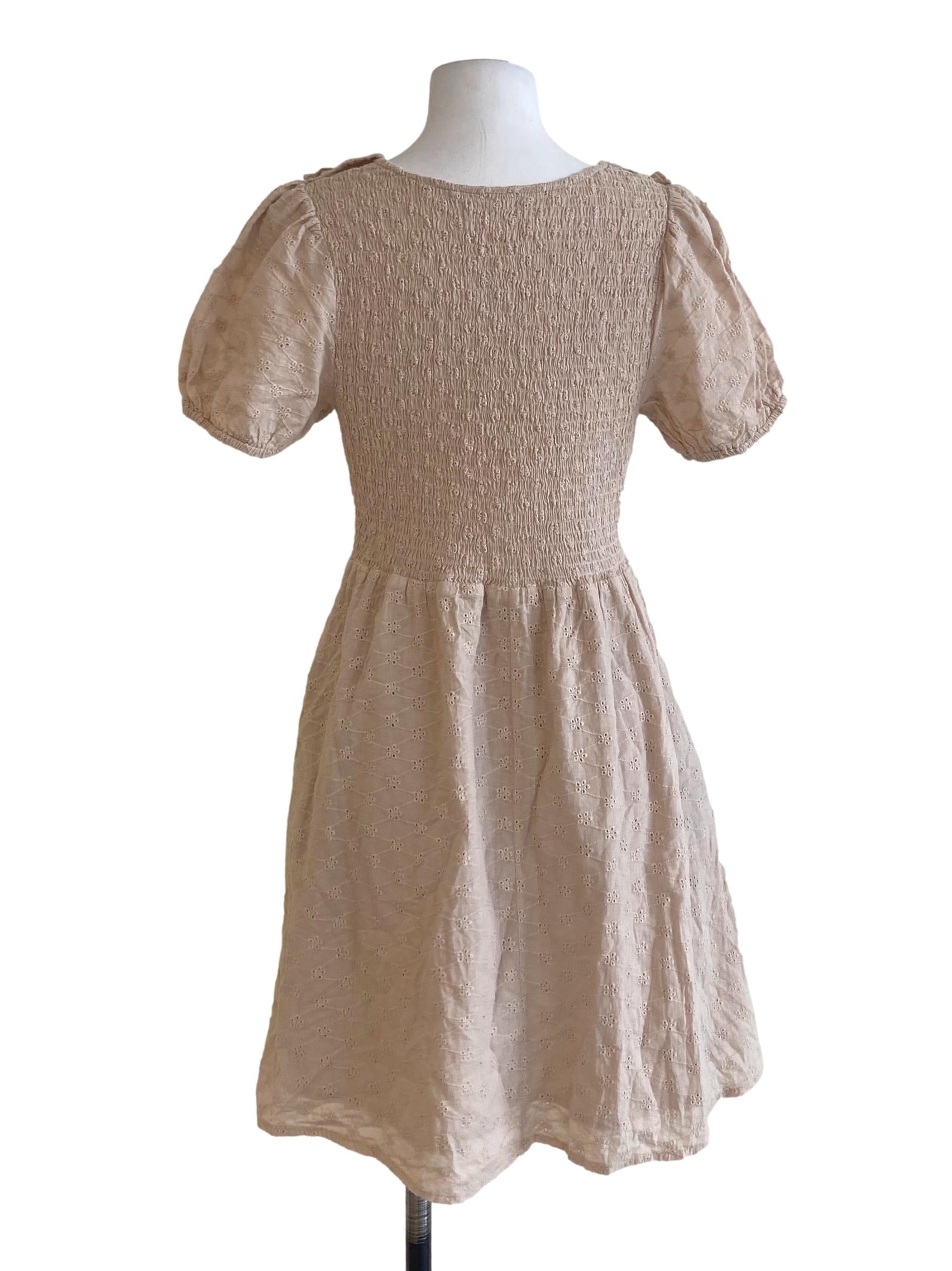 Ivory Beige Embroidery Floral A-Line Dress
