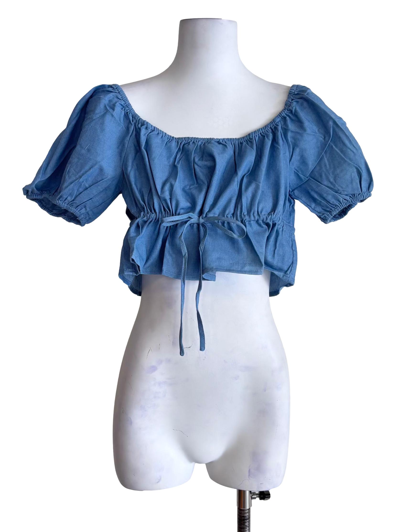 Blue Bert Chambray Puffy Drawstring Sleeve Top
