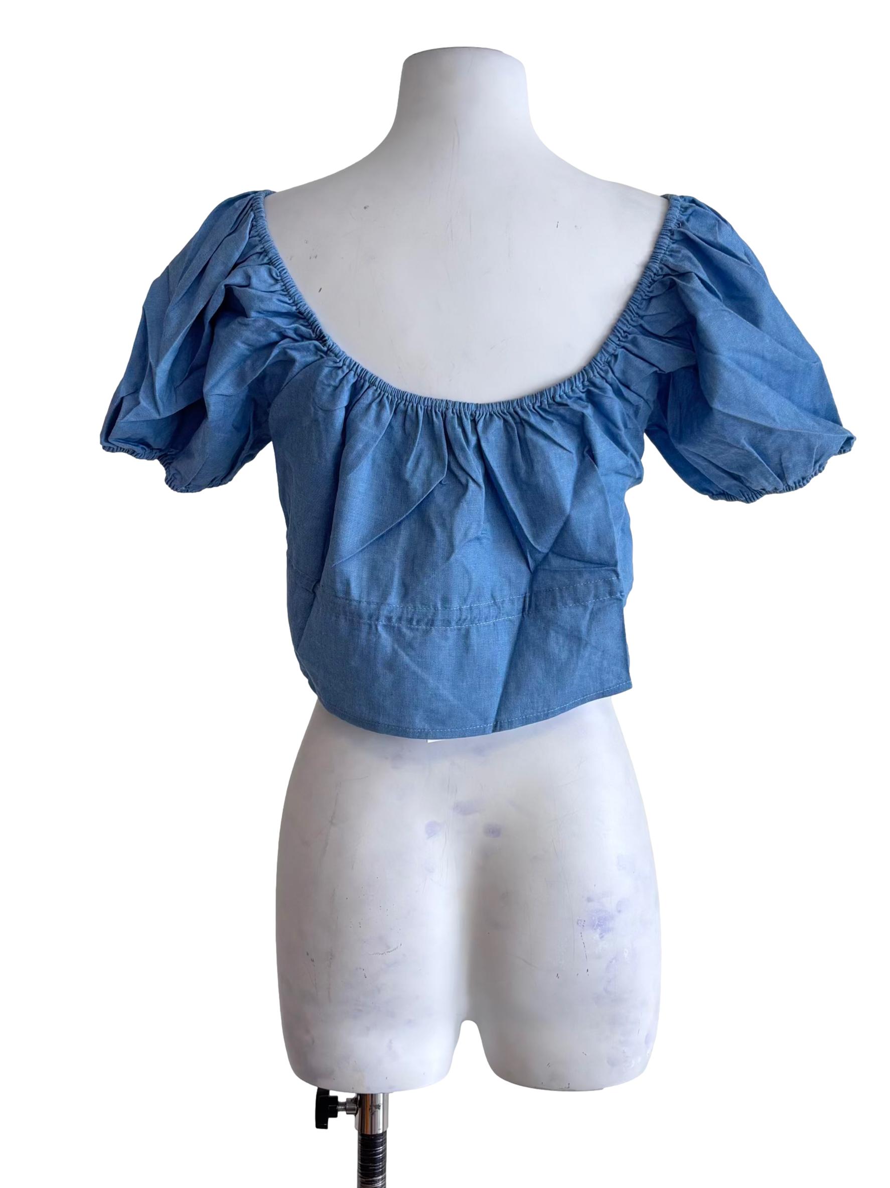 Blue Bert Chambray Puffy Drawstring Sleeve Top