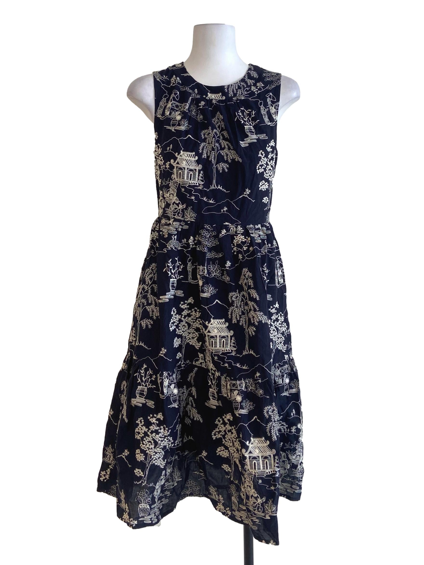 Navy Blue Embroidery Sleeveless Dress