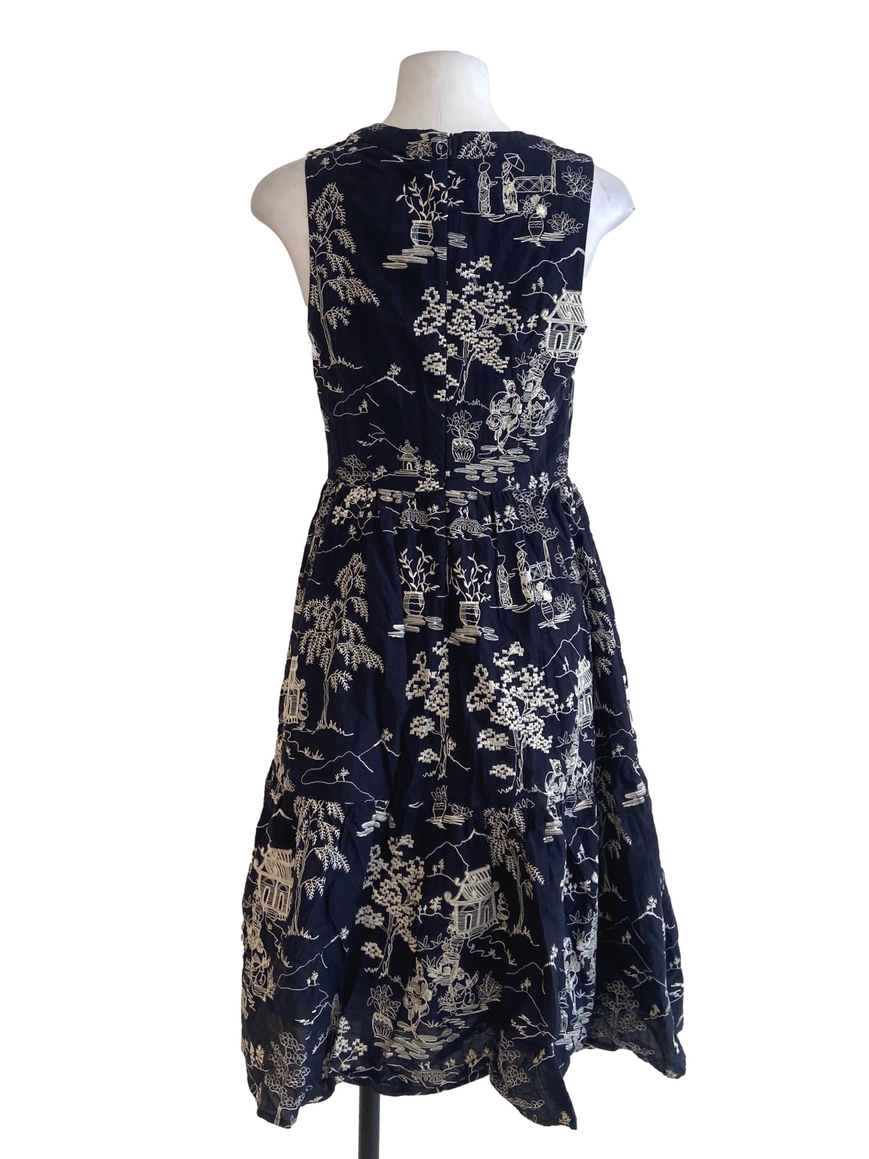 Navy Blue Embroidery Sleeveless Dress