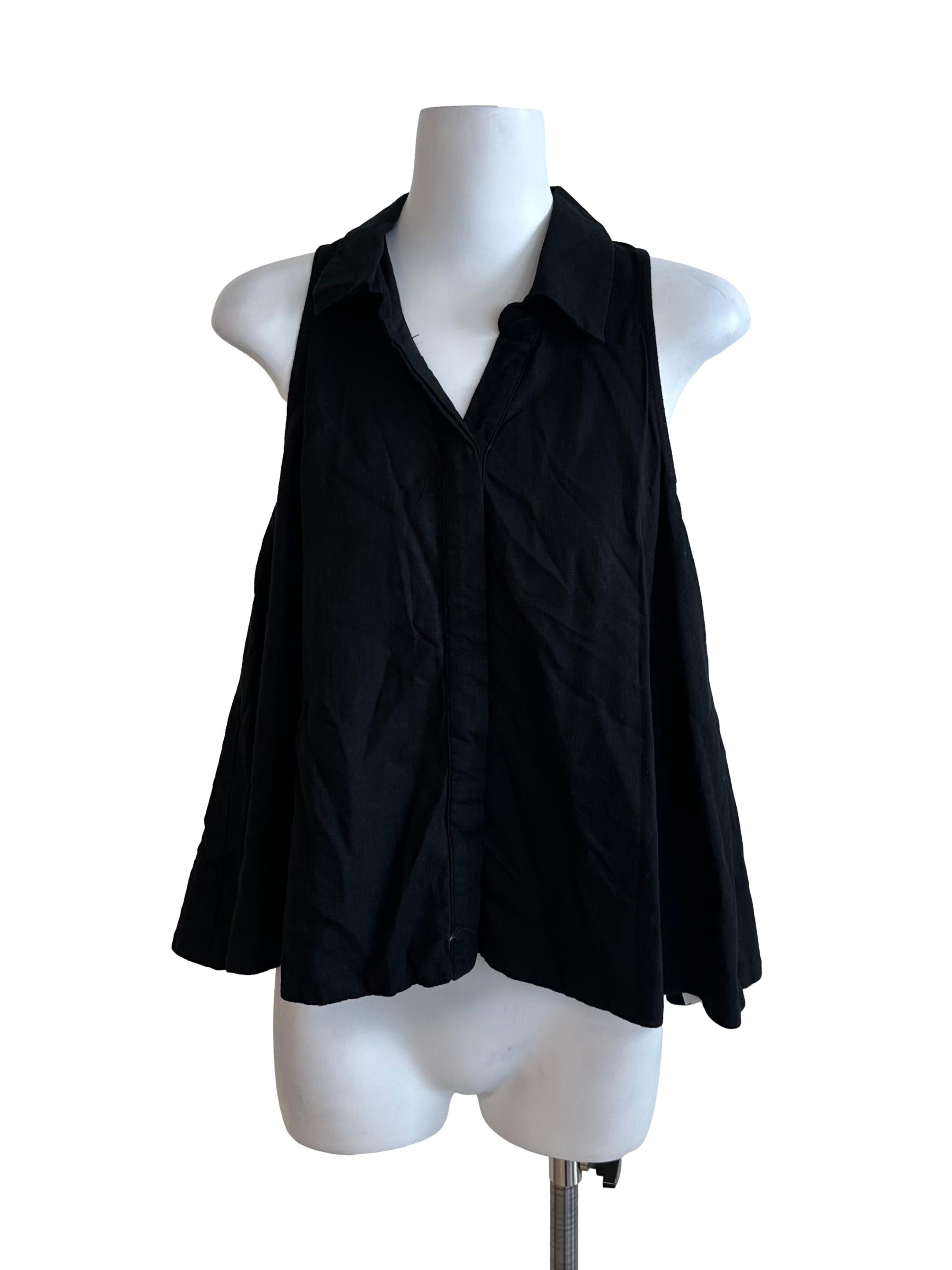 Rich Black Collar Loose Linen Top