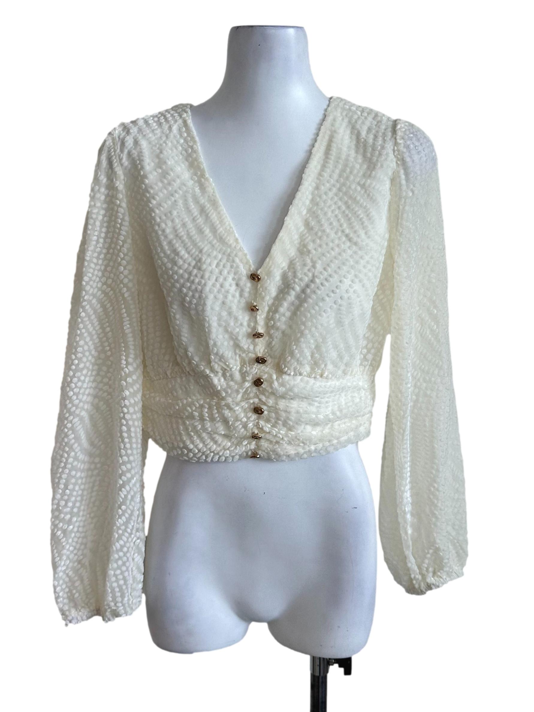 Cream White Textured V Neck Button Top
