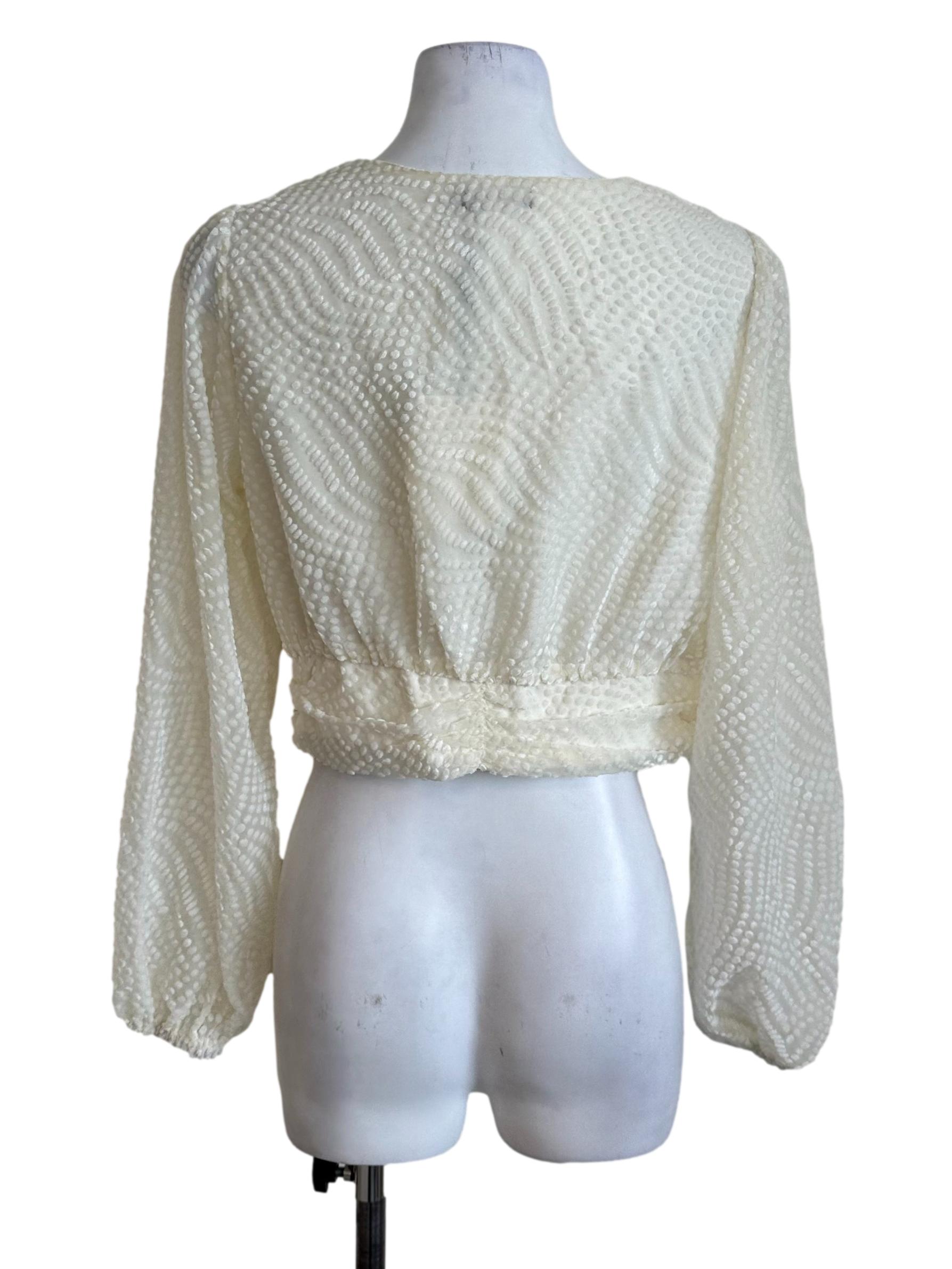 Cream White Textured V Neck Button Top
