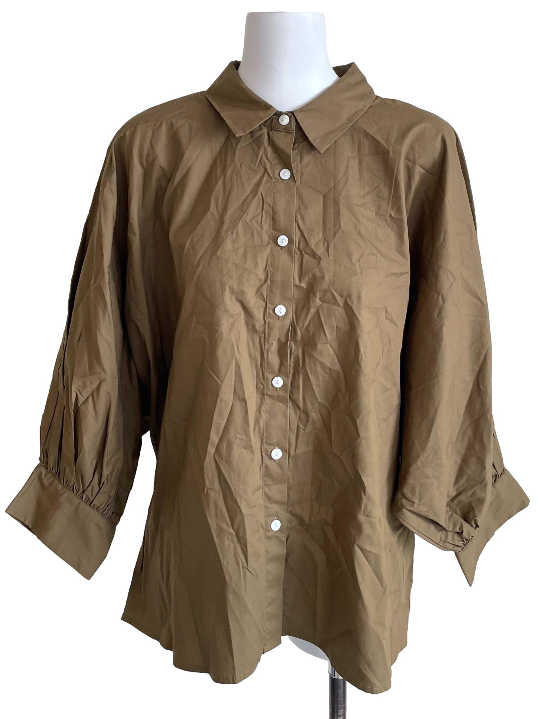 Warm Olive Batwing Puff Sleeves Blouse