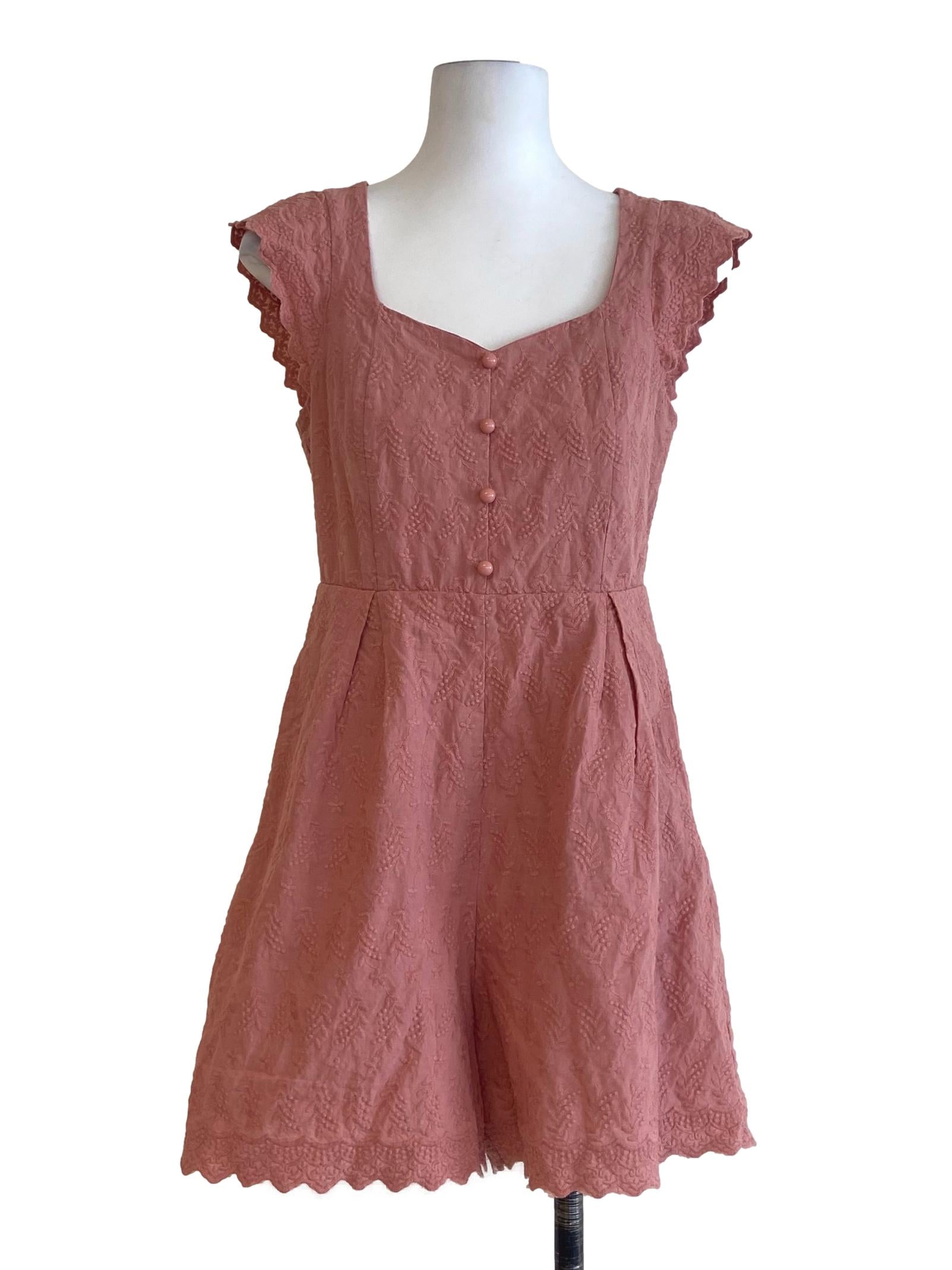 Salmon Pink Embroidery Floral Queen Anne Romper