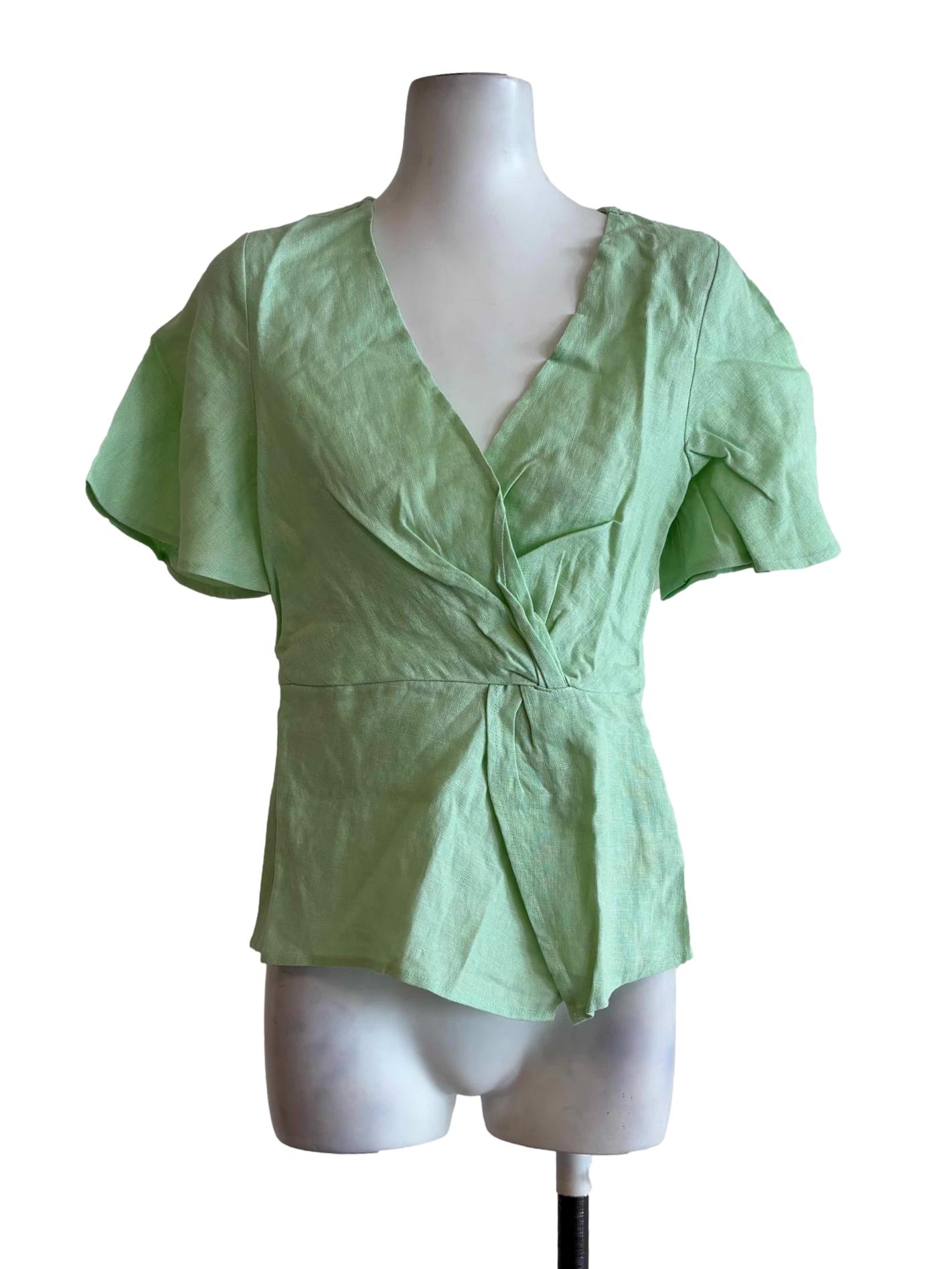 Mint Green Surplice Peplum Linen Top