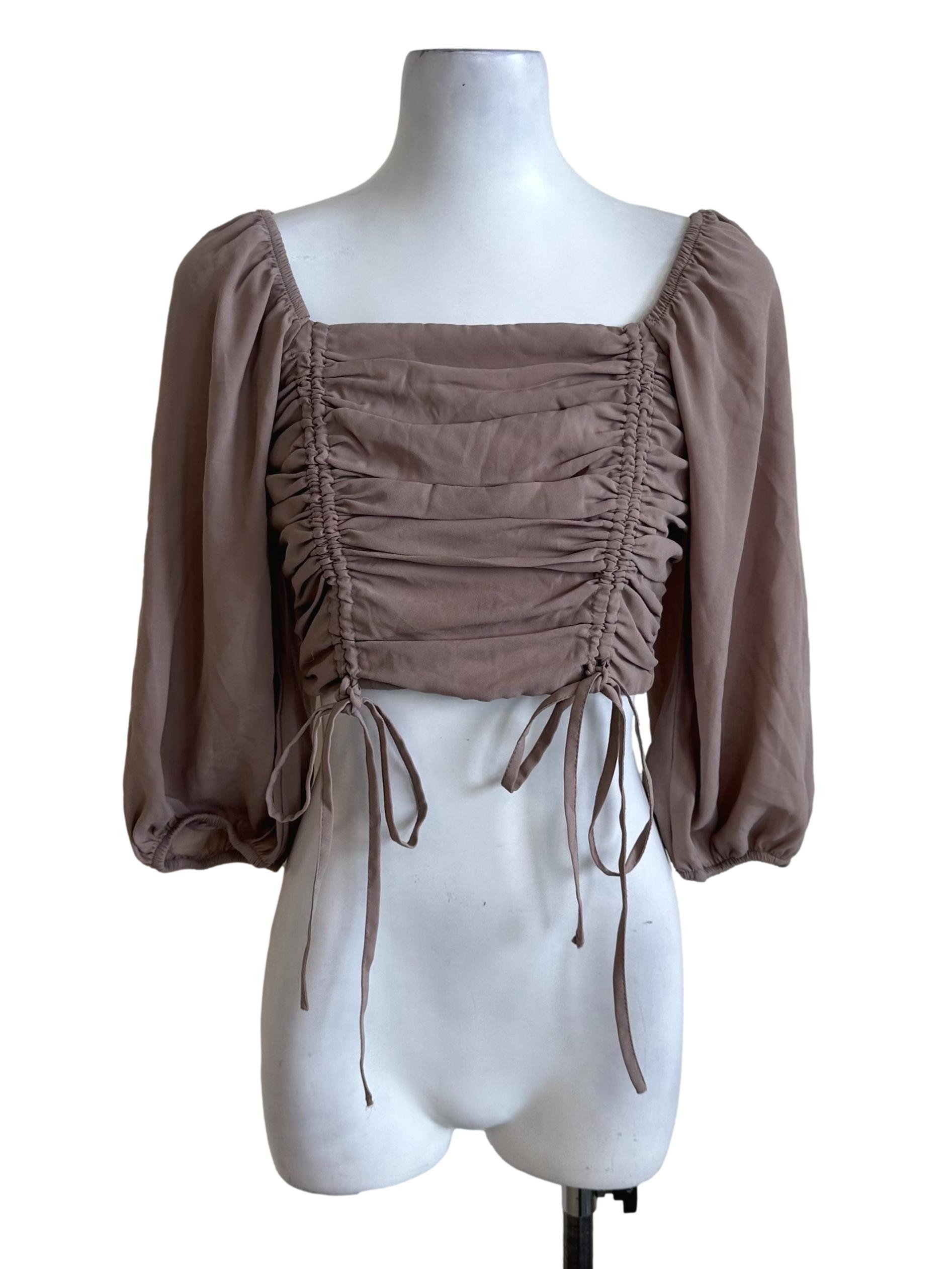Sepia Brown Ruched Square Neck Long Sleeve Top