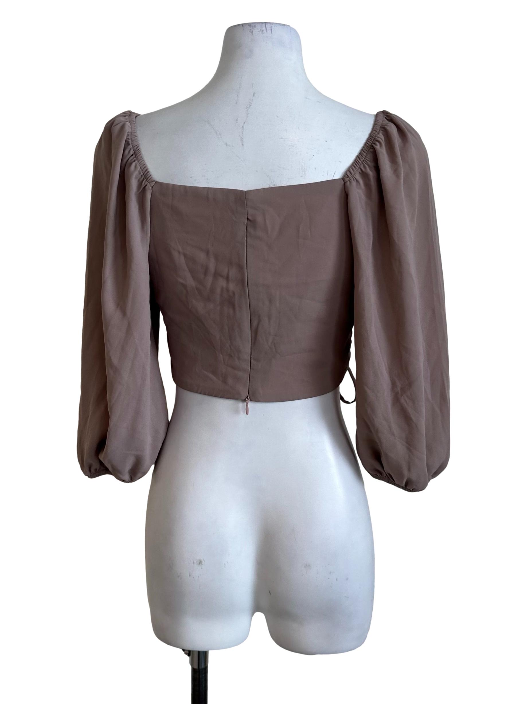 Sepia Brown Ruched Square Neck Long Sleeve Top