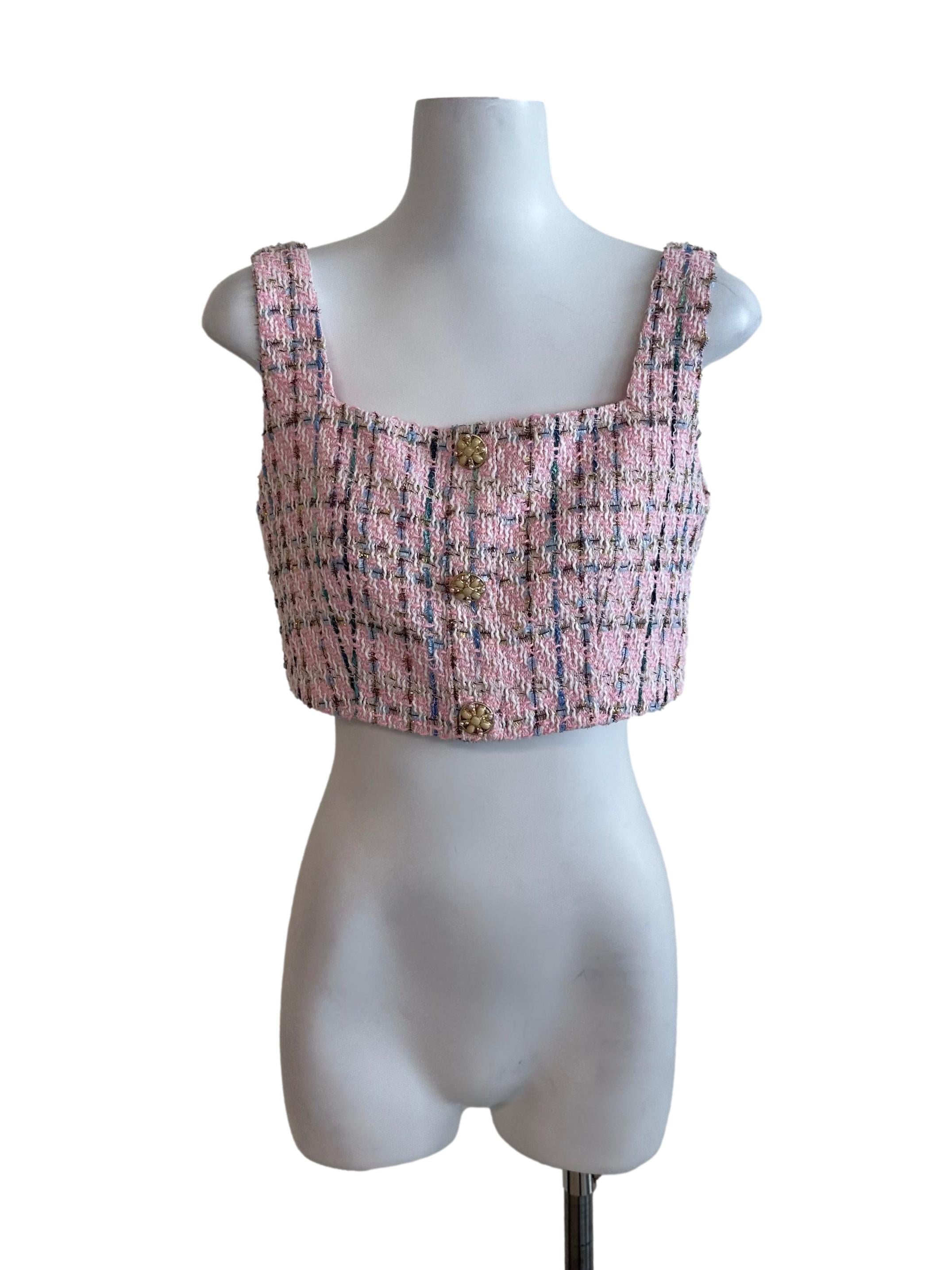Light Pink Tweed Textured Button Top