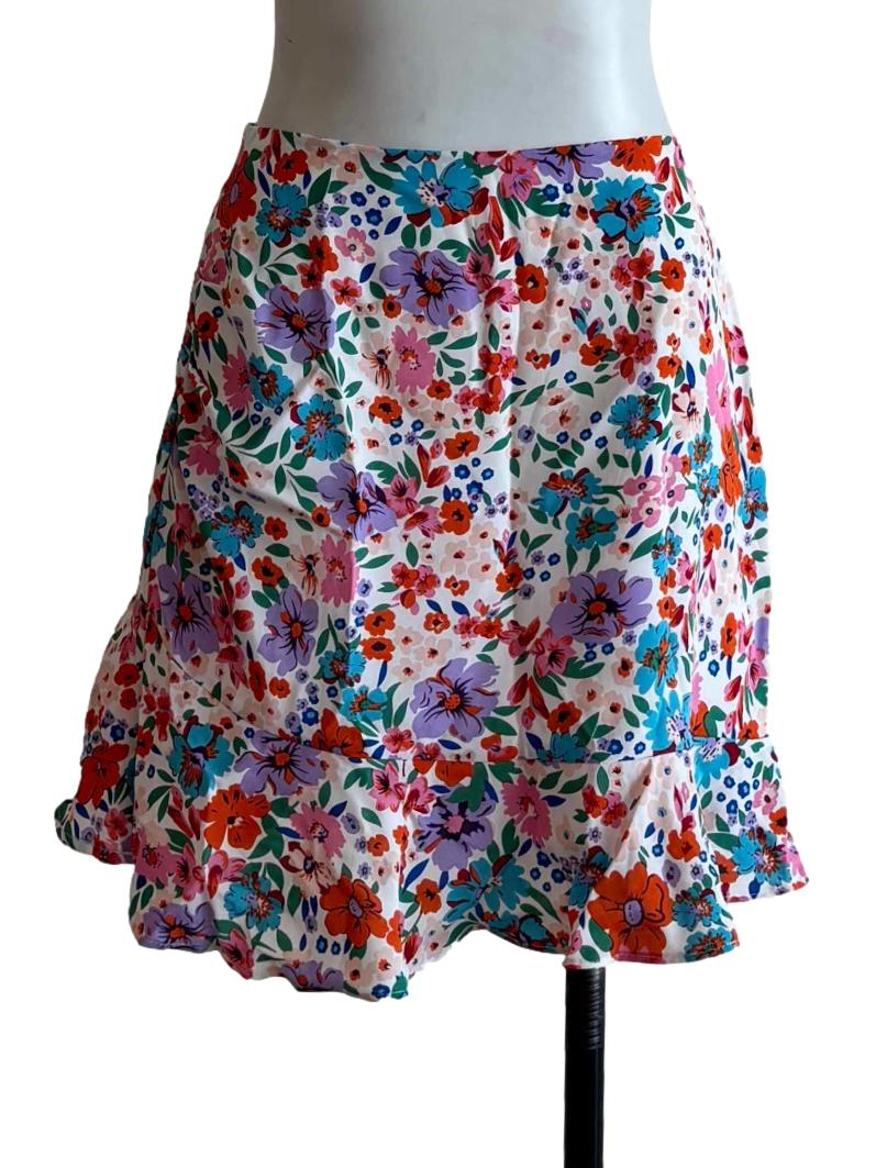 White Multicolor Floral Mini Skirt