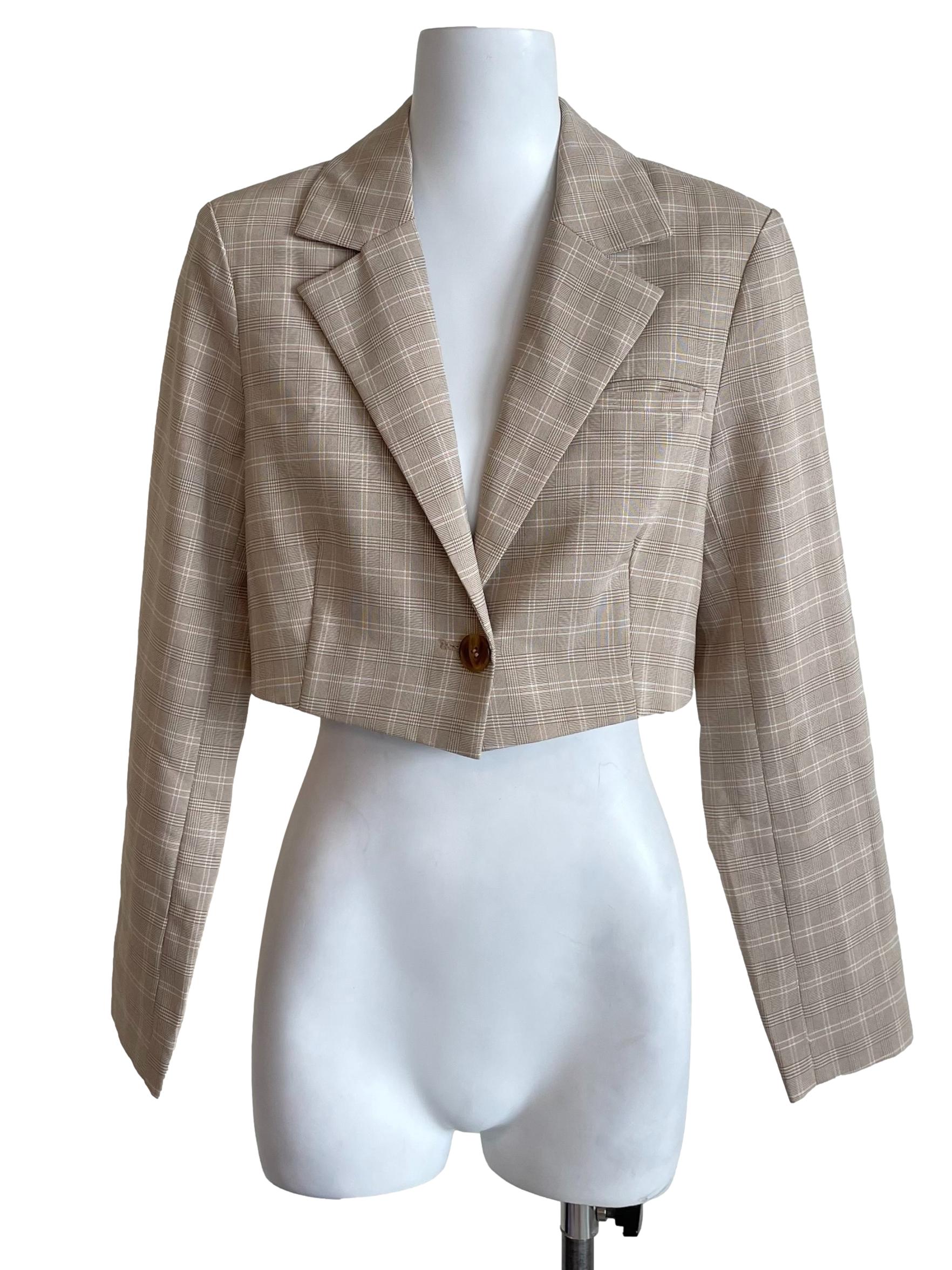 Sepia Brown Tartan Crop Blazer