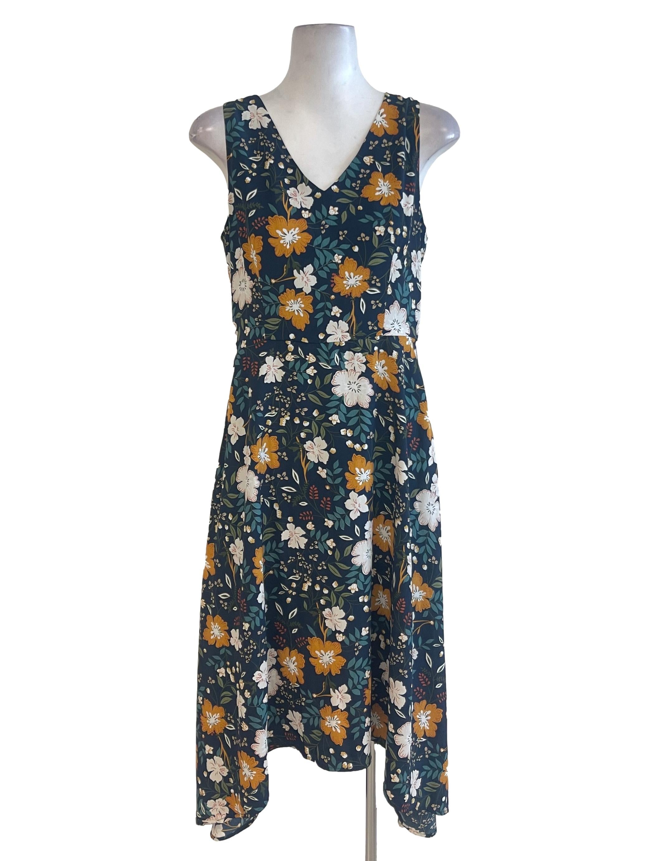 Navy Blue Floral V Neck Sheath Flip Dress