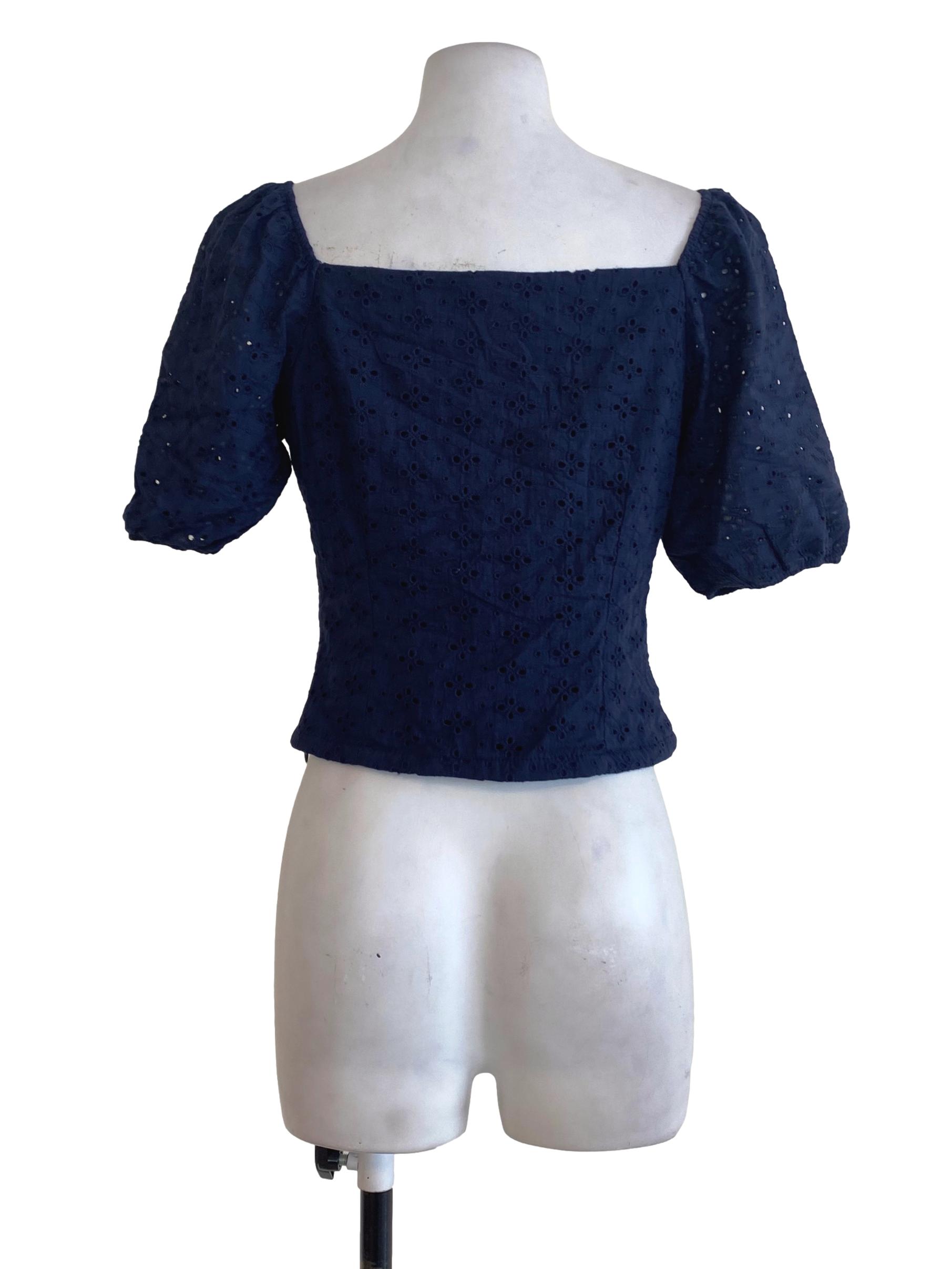 Navy Blue Floral Embroidered Top | REFASH