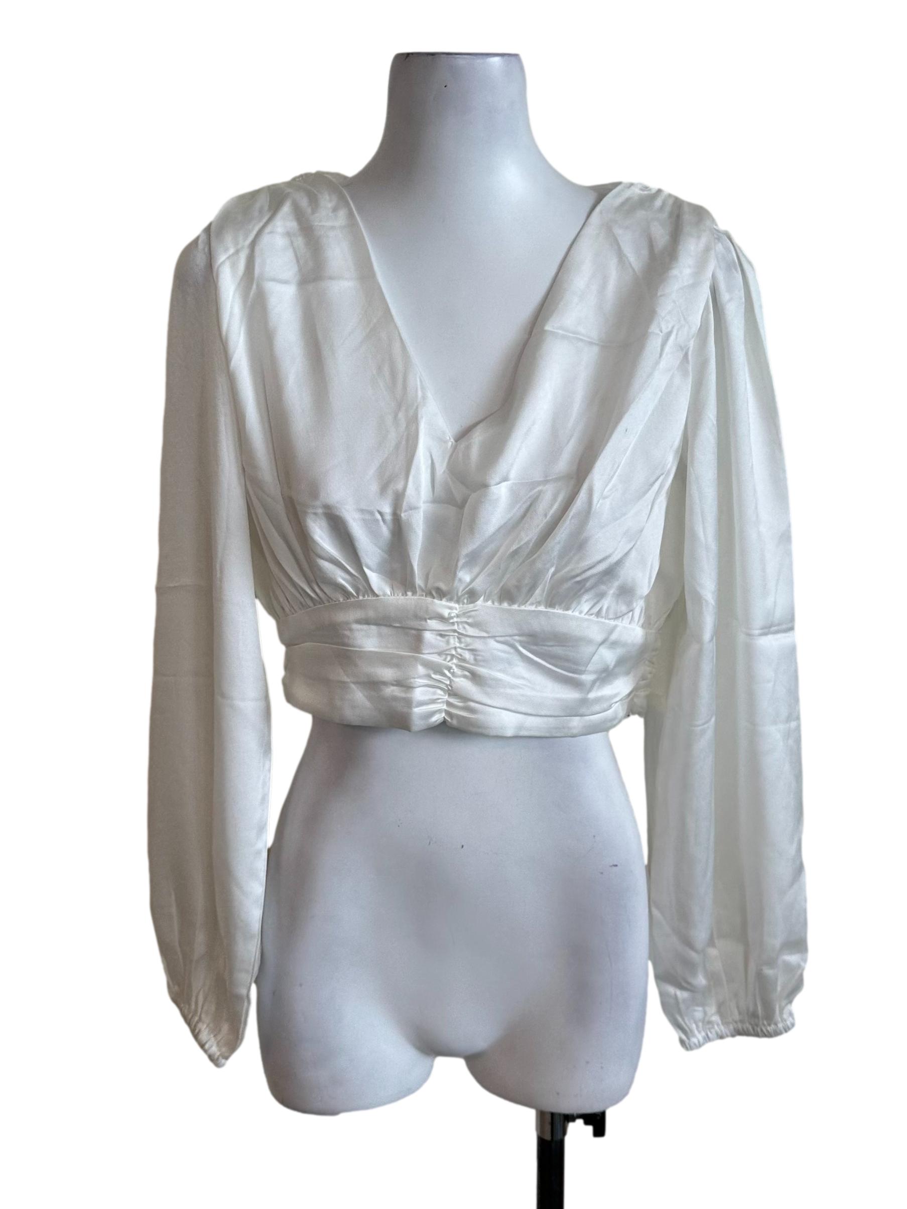 Ivory White Salin V Neck Long Sleeve Top