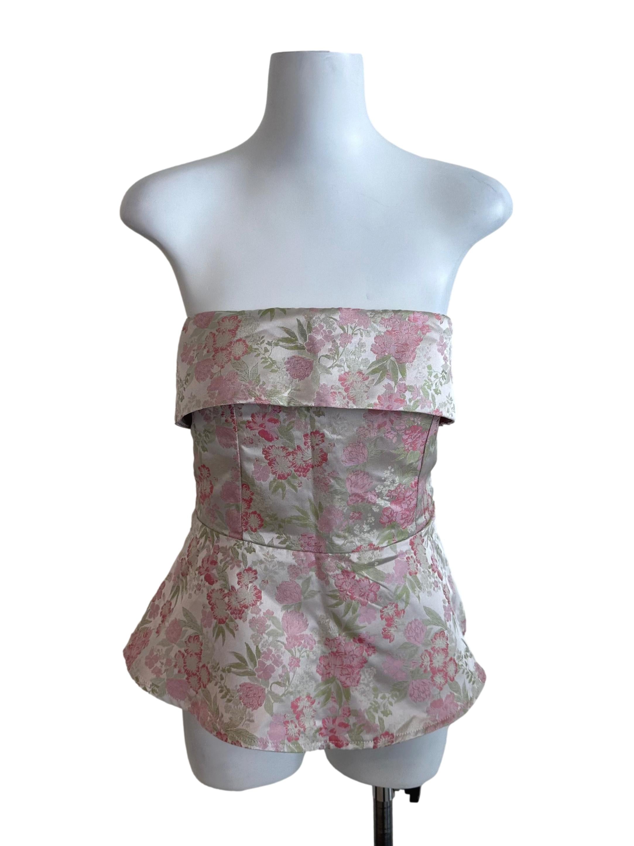 Pink Green Floral Brocade Peplum Tube Top