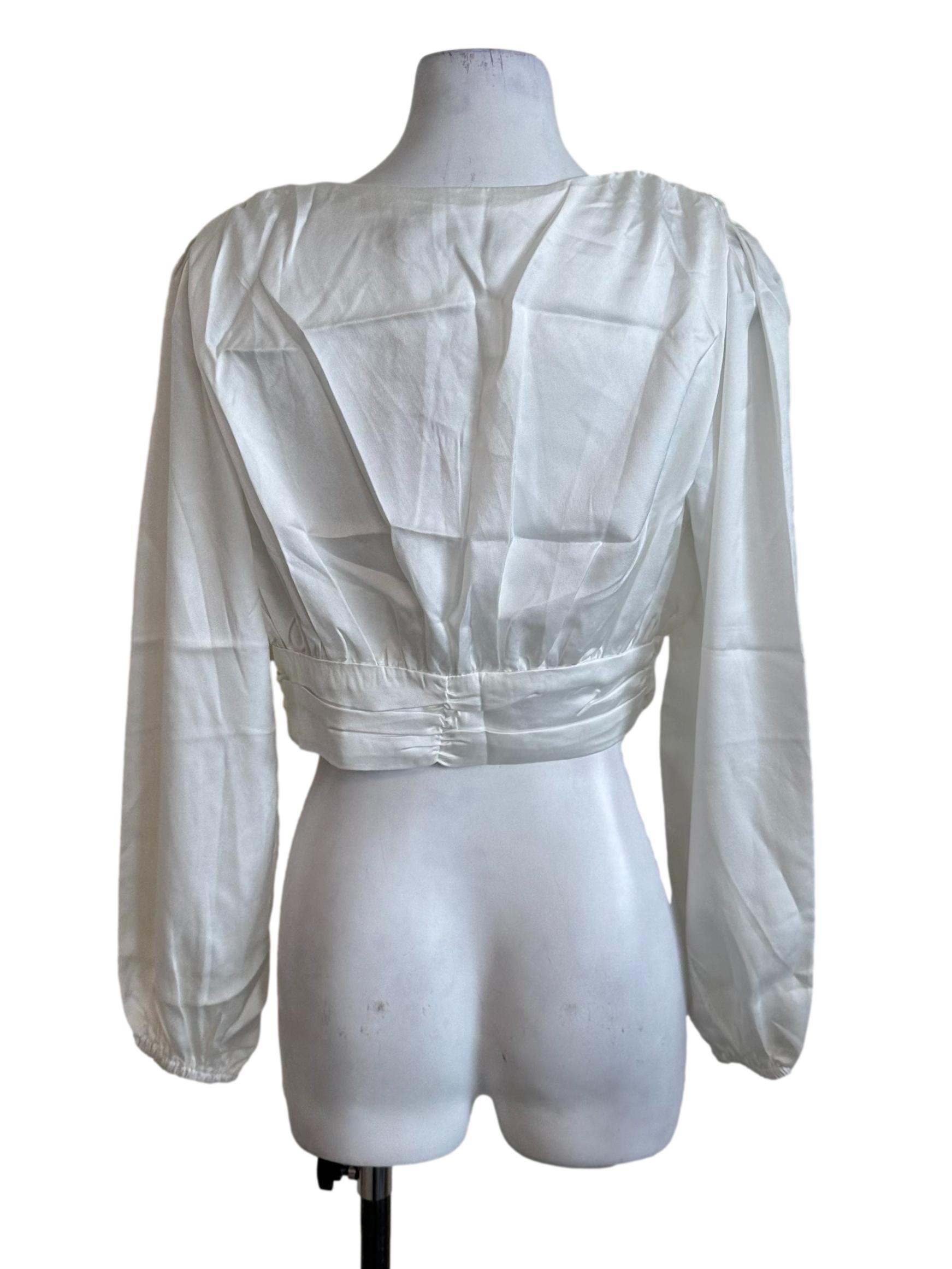 Ivory White Salin V Neck Long Sleeve Top
