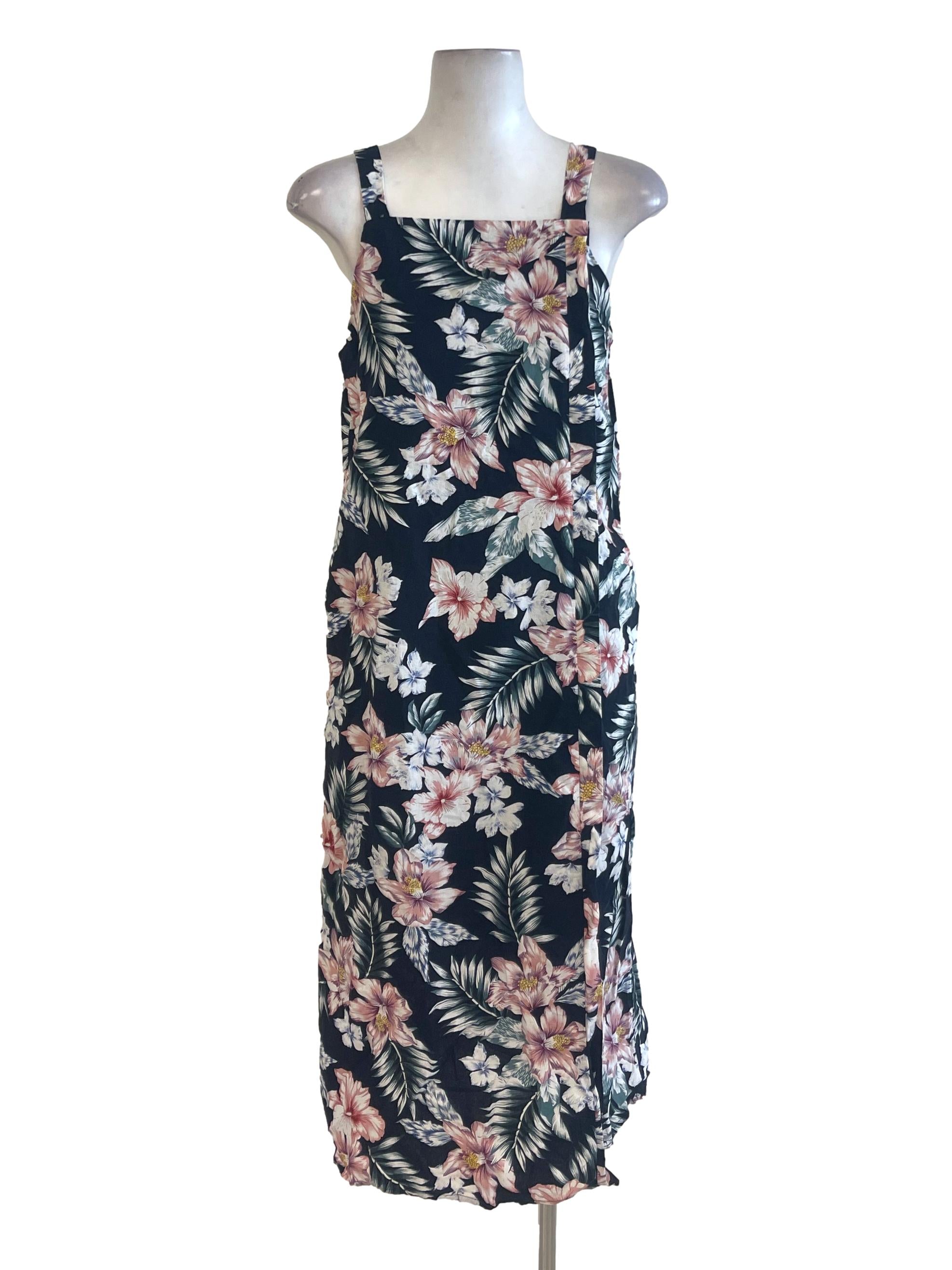 Navy Blue Floral Square Neck Apron Slit Dress TCL