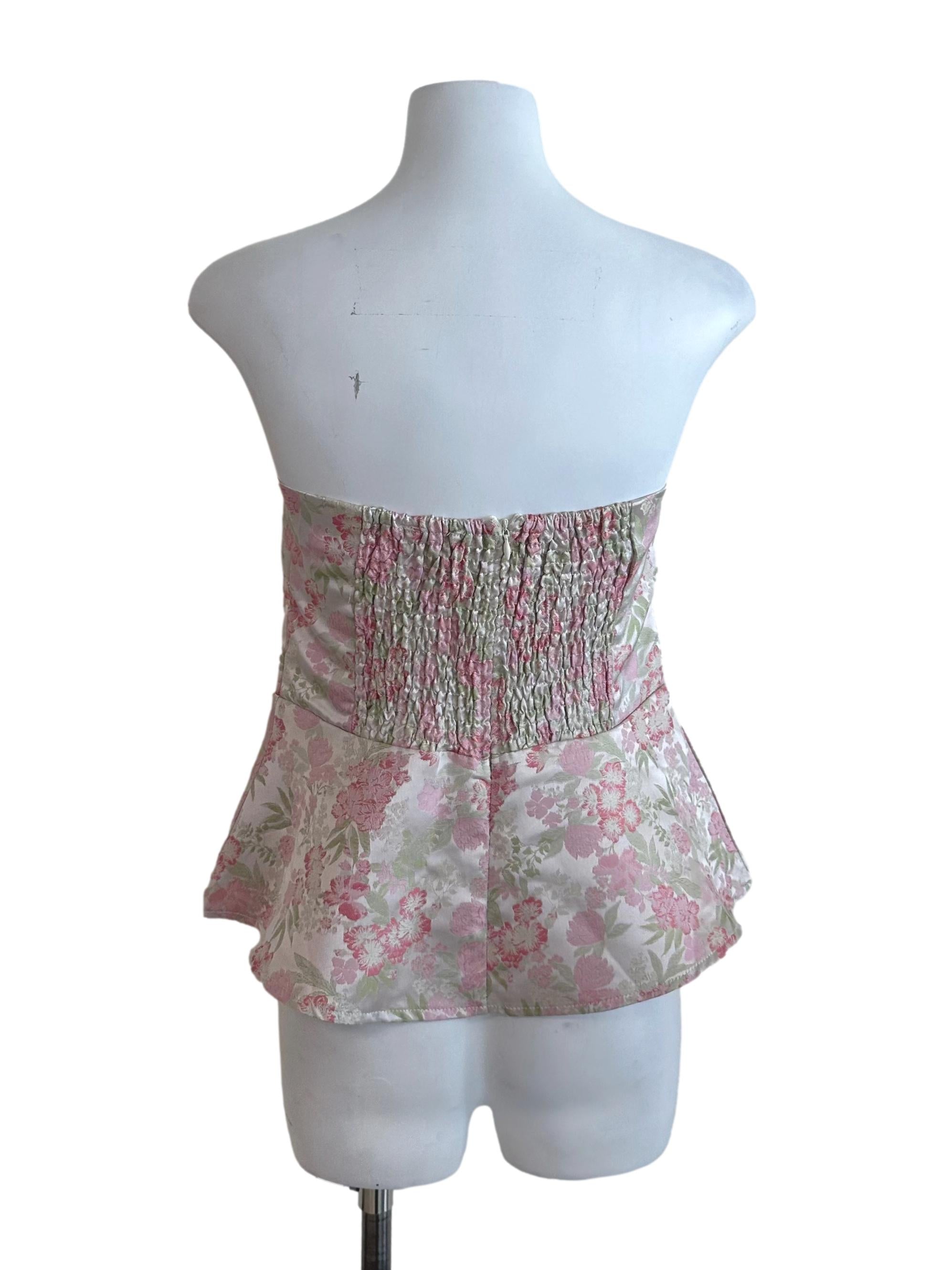 Pink Green Floral Brocade Peplum Tube Top
