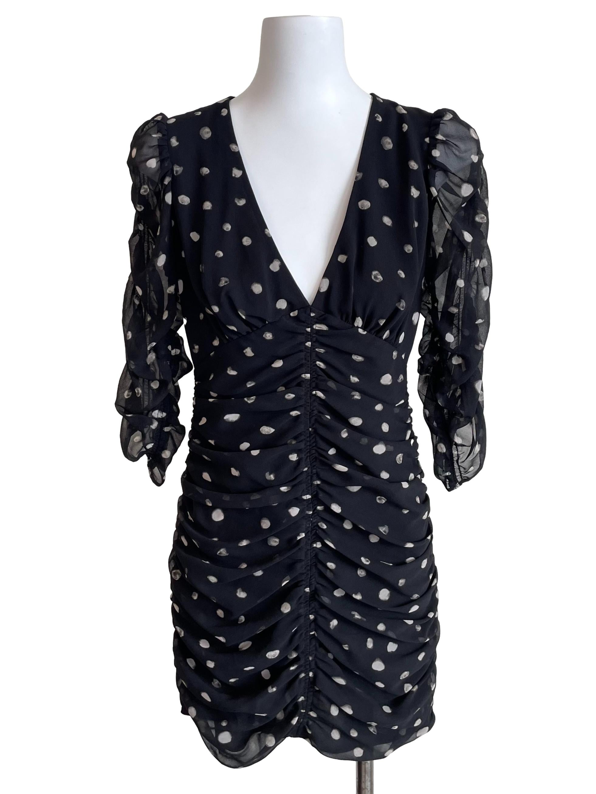 Black Dots Chiffon Ruched Dress