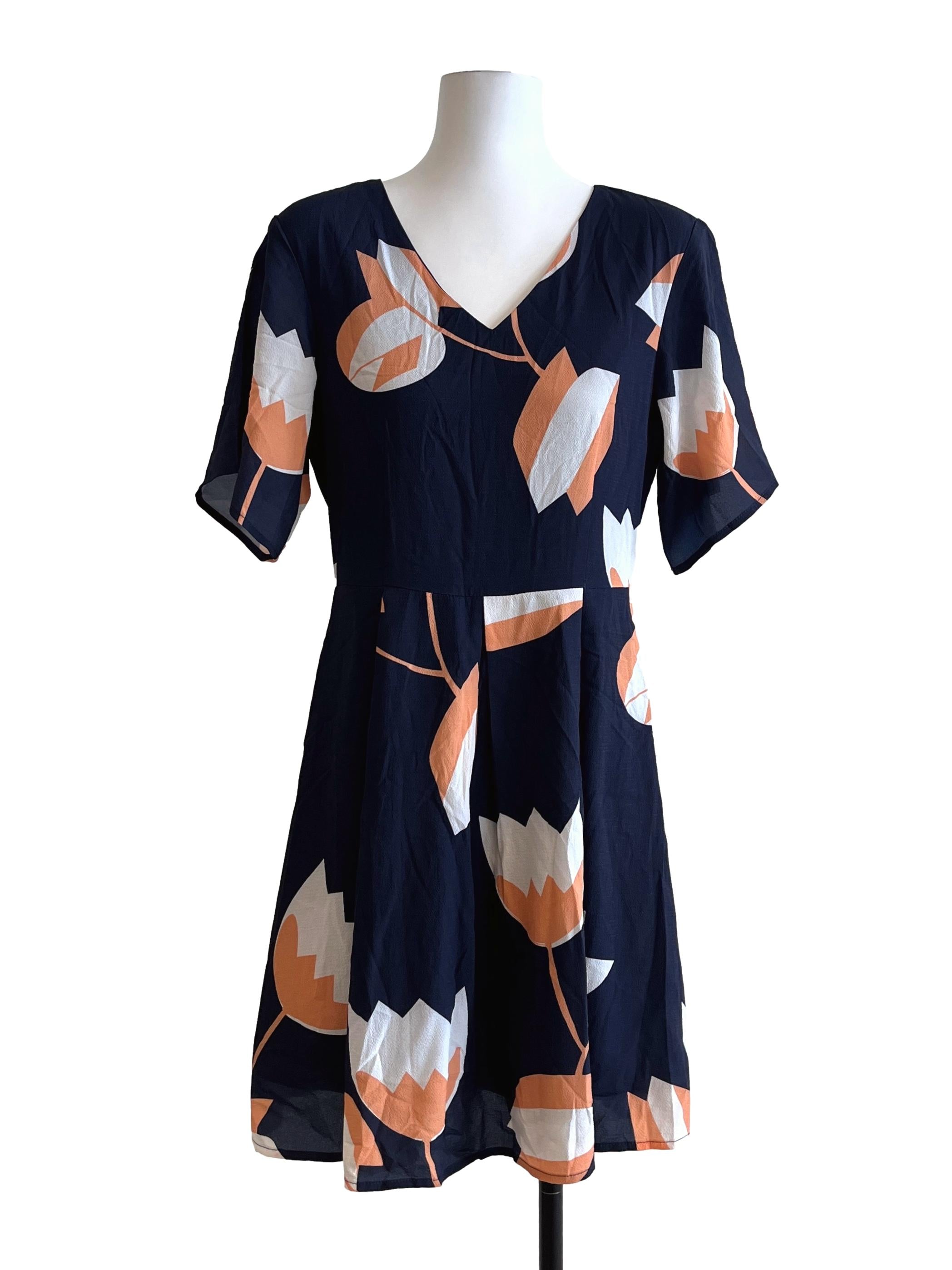 Peacock Blue Floral Printed V-Neck Dress