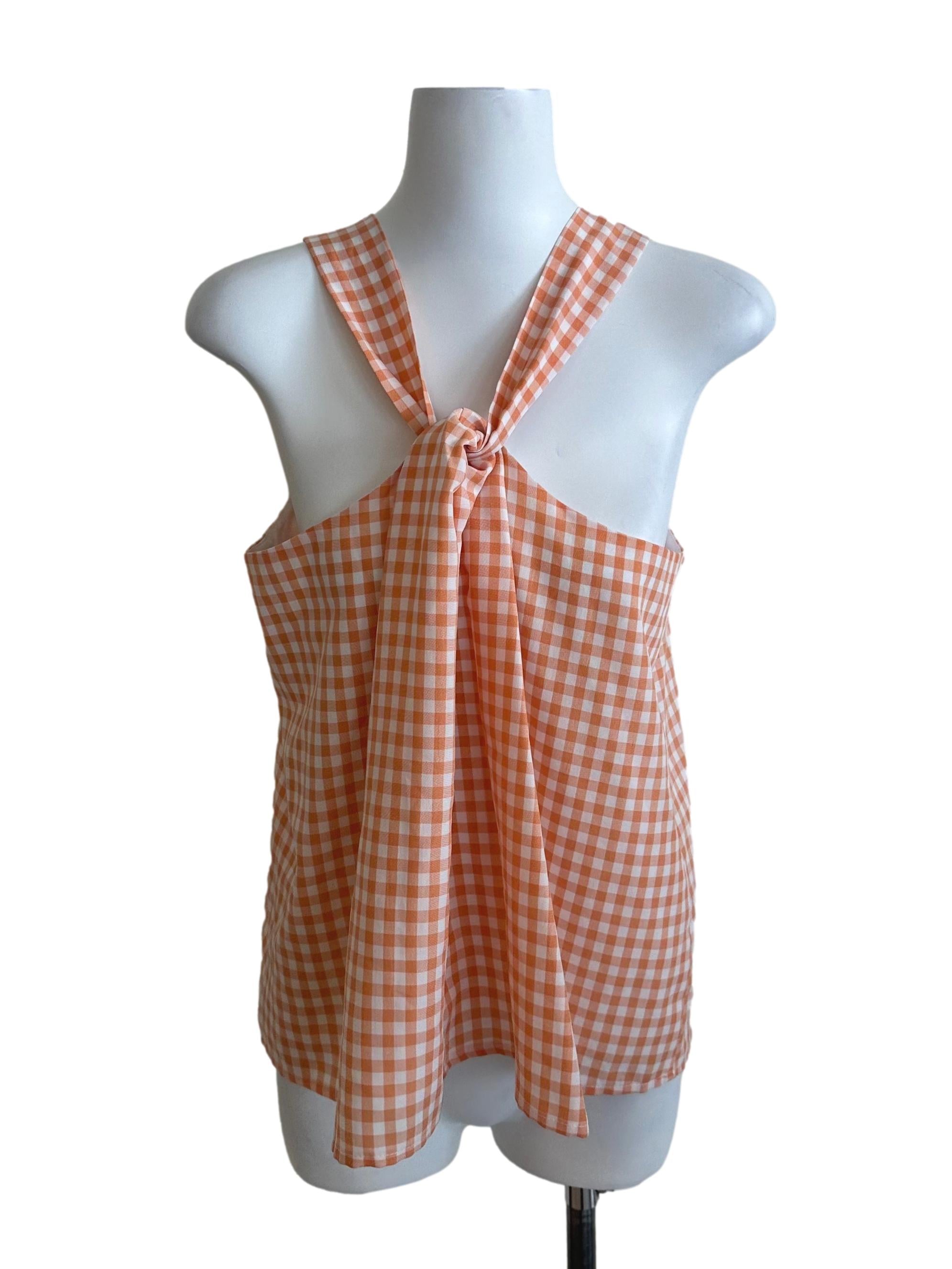 Light Orange Plaid Knot Halter Top