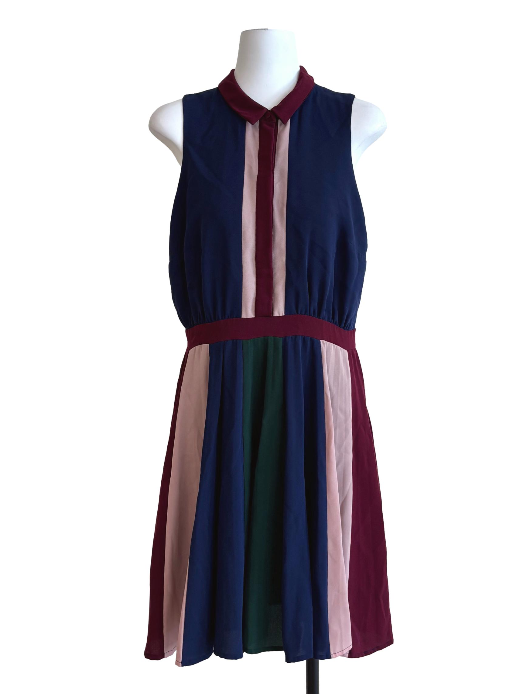 Navy Blue Maroon Buttoned A-Line Dress