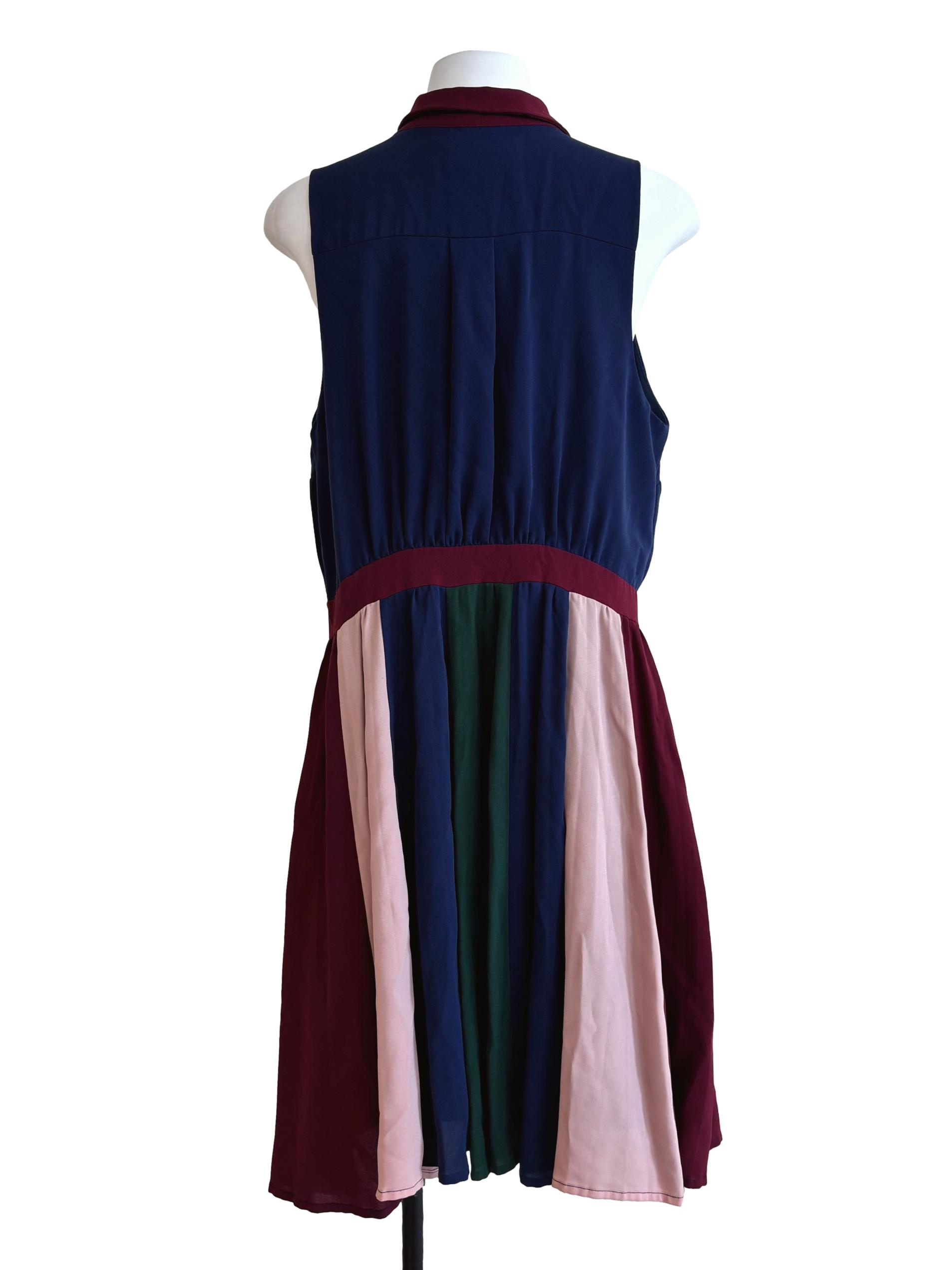 Navy Blue Maroon Buttoned A-Line Dress