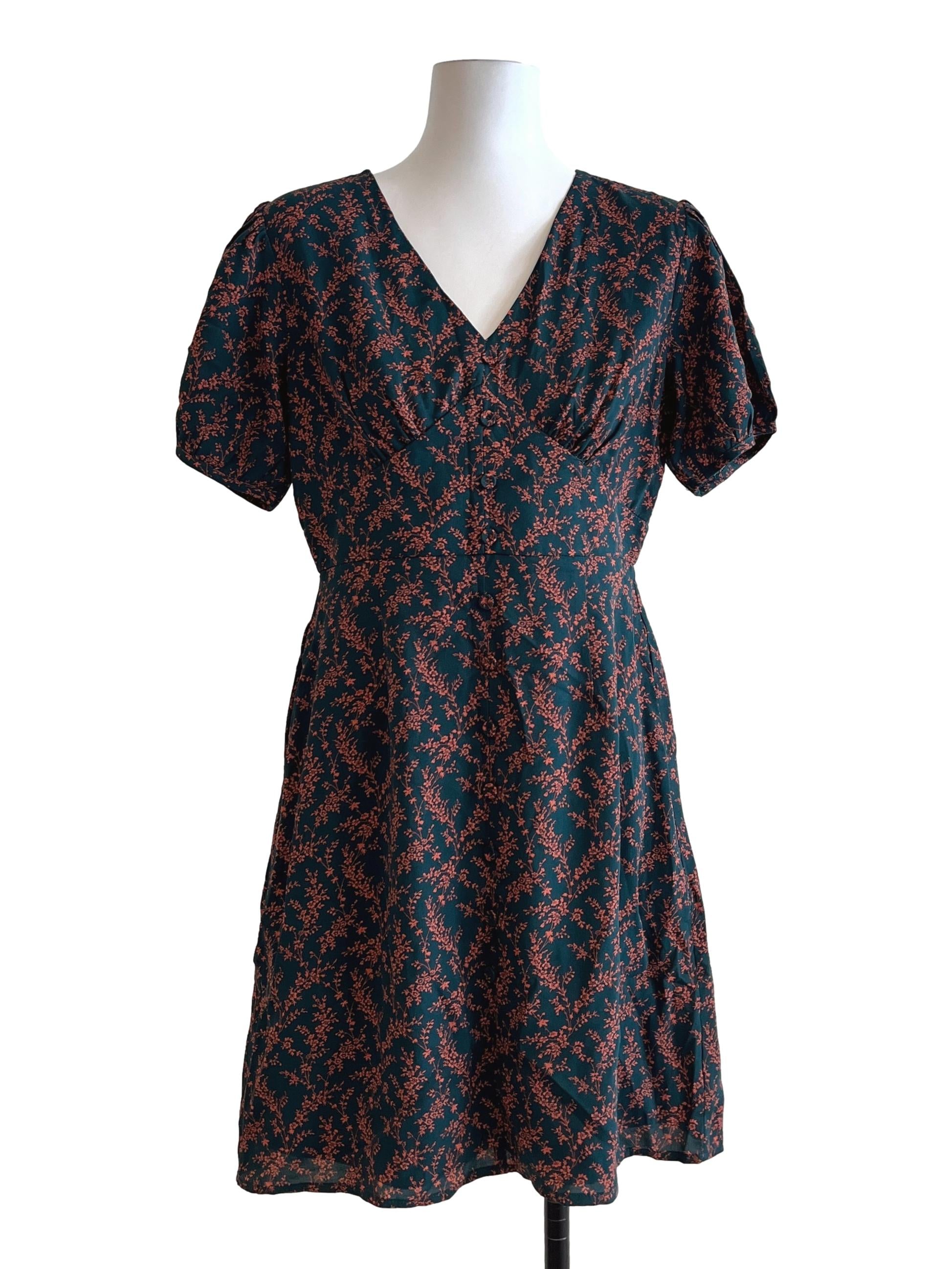 Emerald Green Floral Printed V-Neck Dress TCL