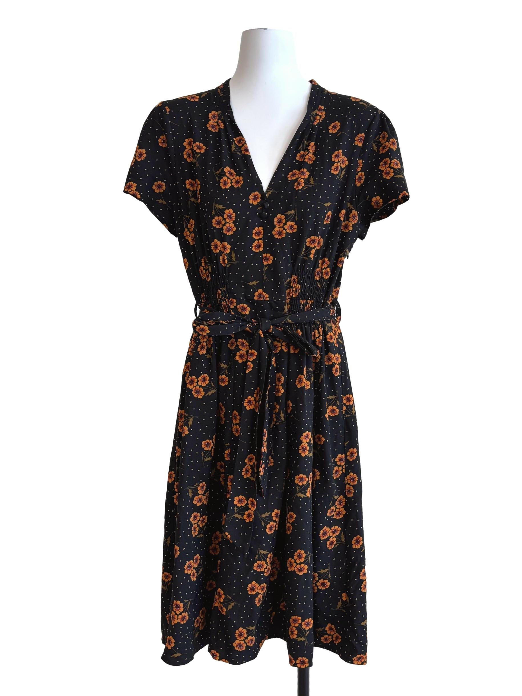 Onyx Black Cinnamon Floral A-Line Dress
