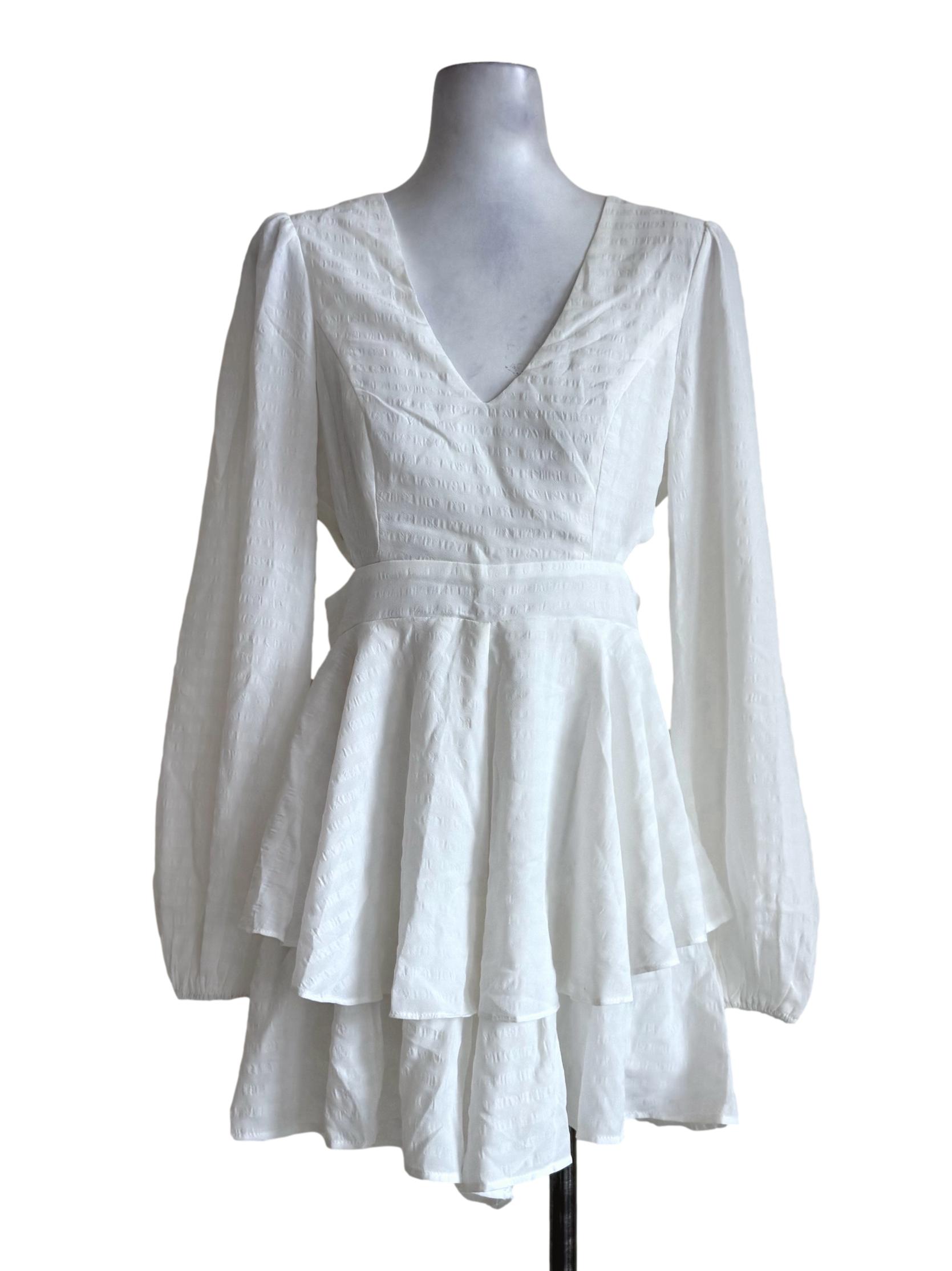 Textured White Deep V Neck Long Sleeve Jumper