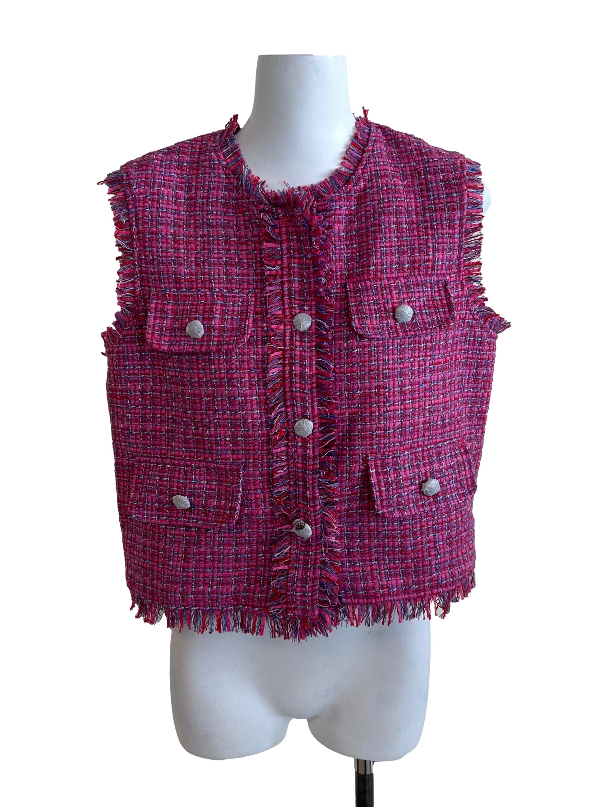 Magenta Pink Tweed Textured Button Vest