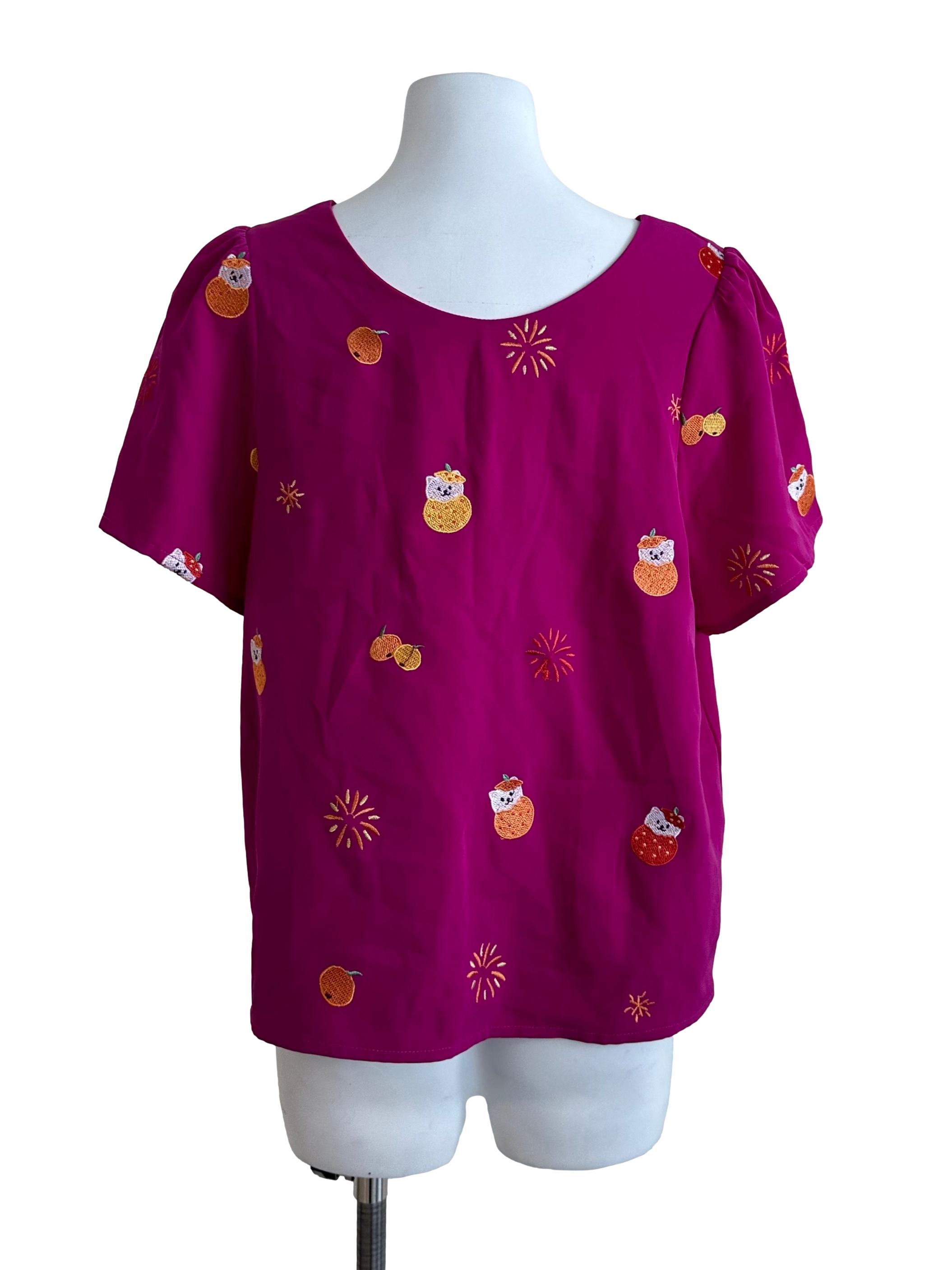Magenta Purple V Neck Embroidery Pattern Top