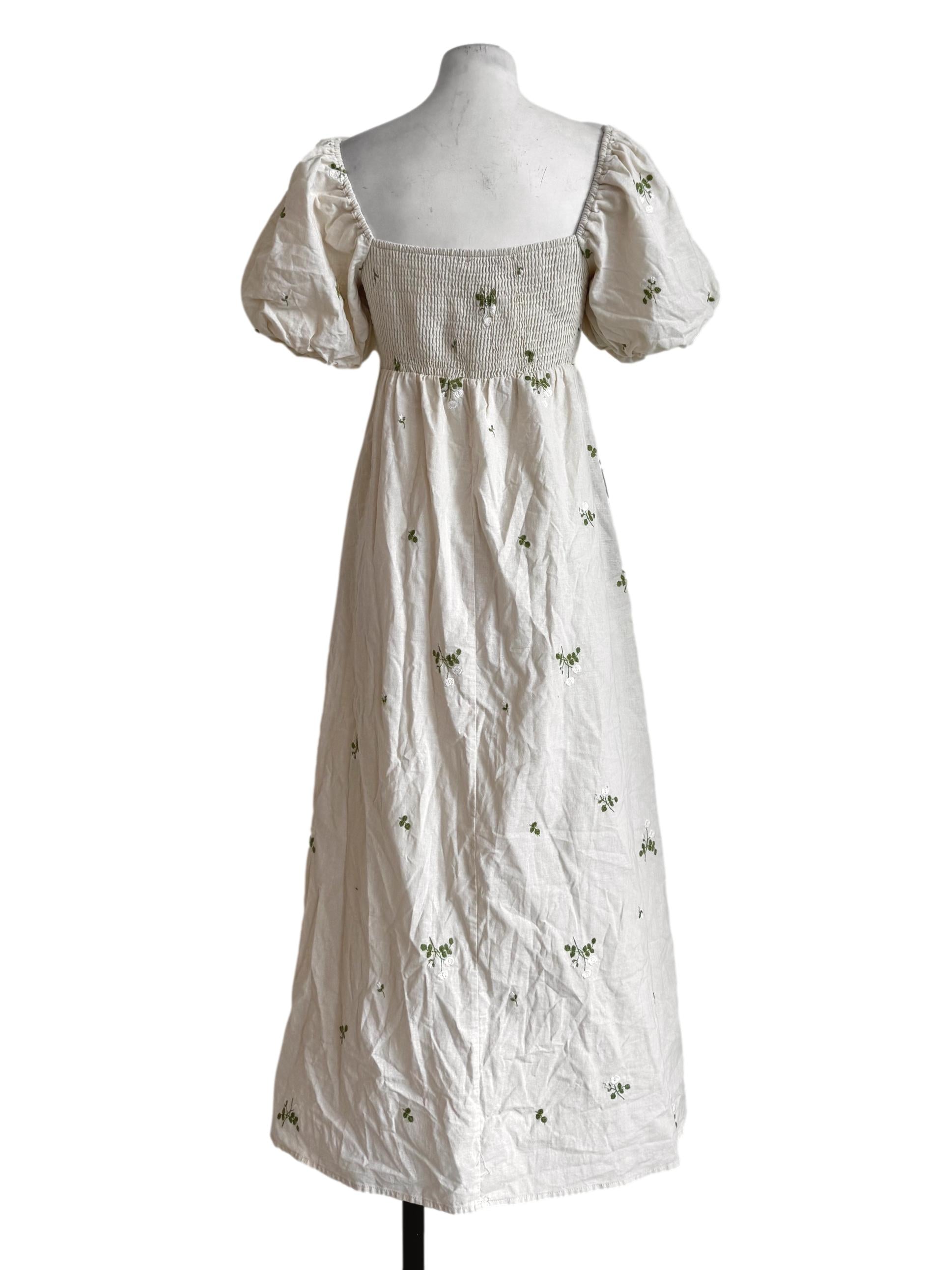 Beige Embroidery Bubble Sleeve Dress