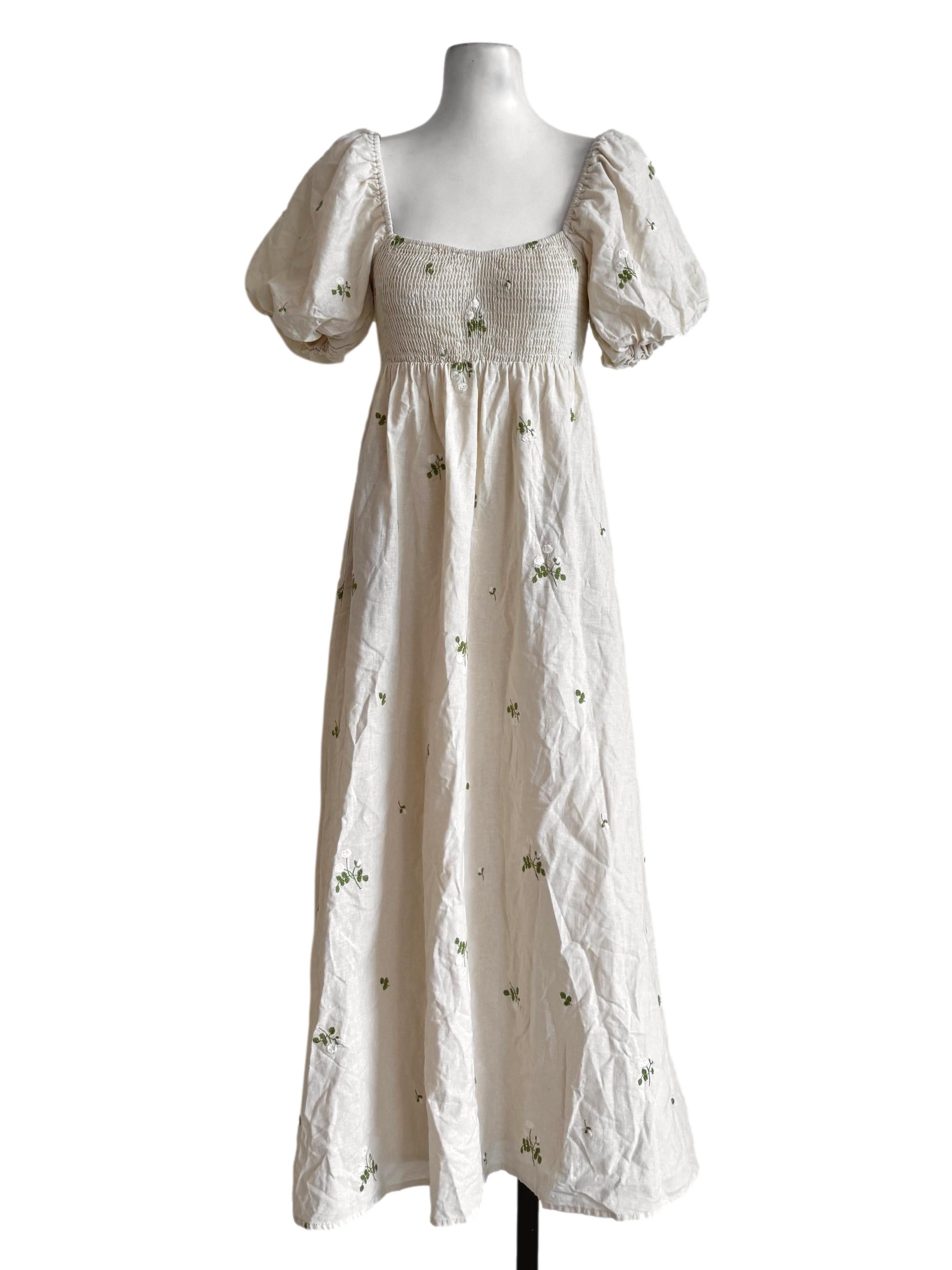 Beige Embroidery Bubble Sleeve Dress
