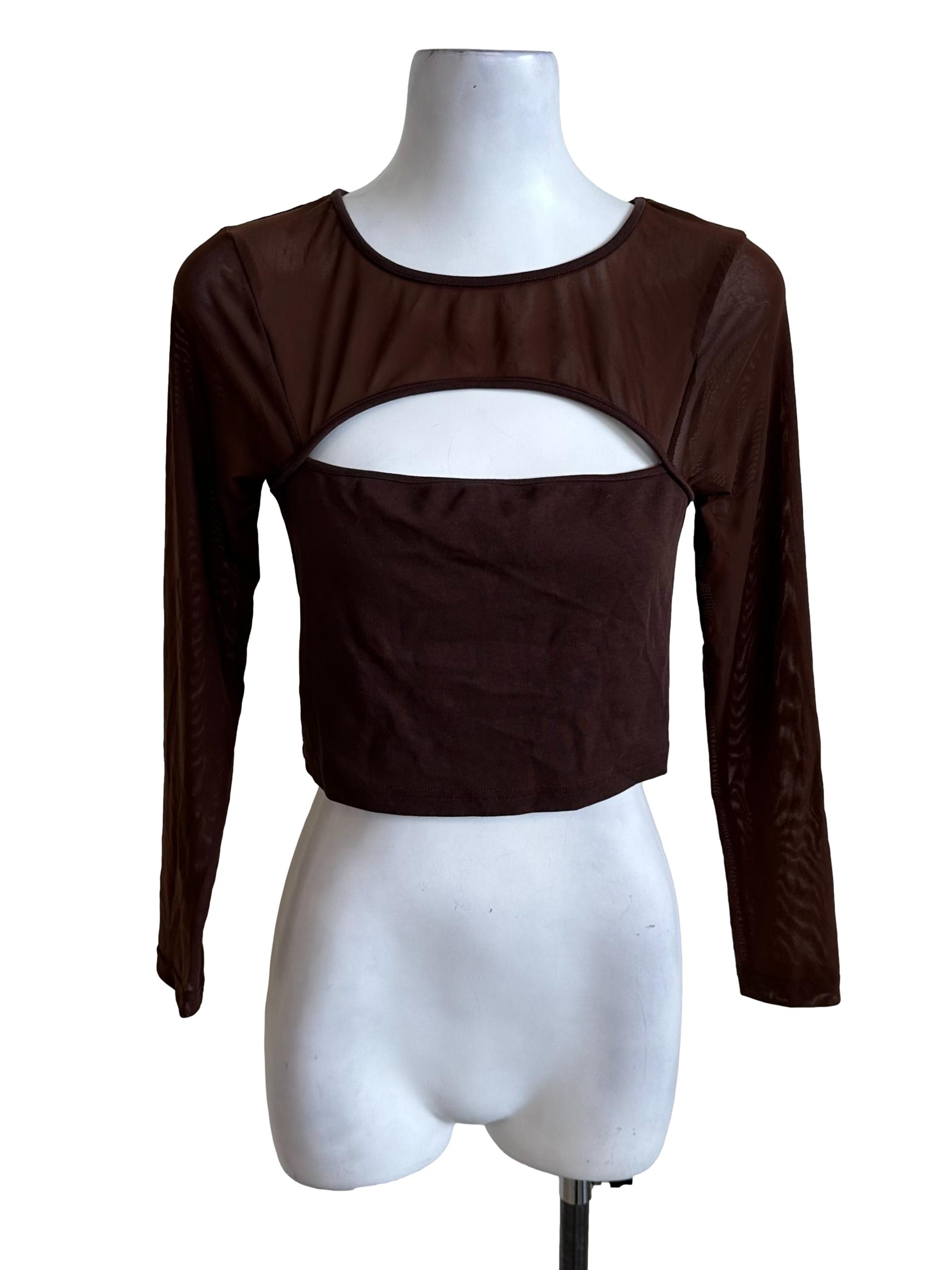 Mocha Brown Mesh Net Long Sleeve Top