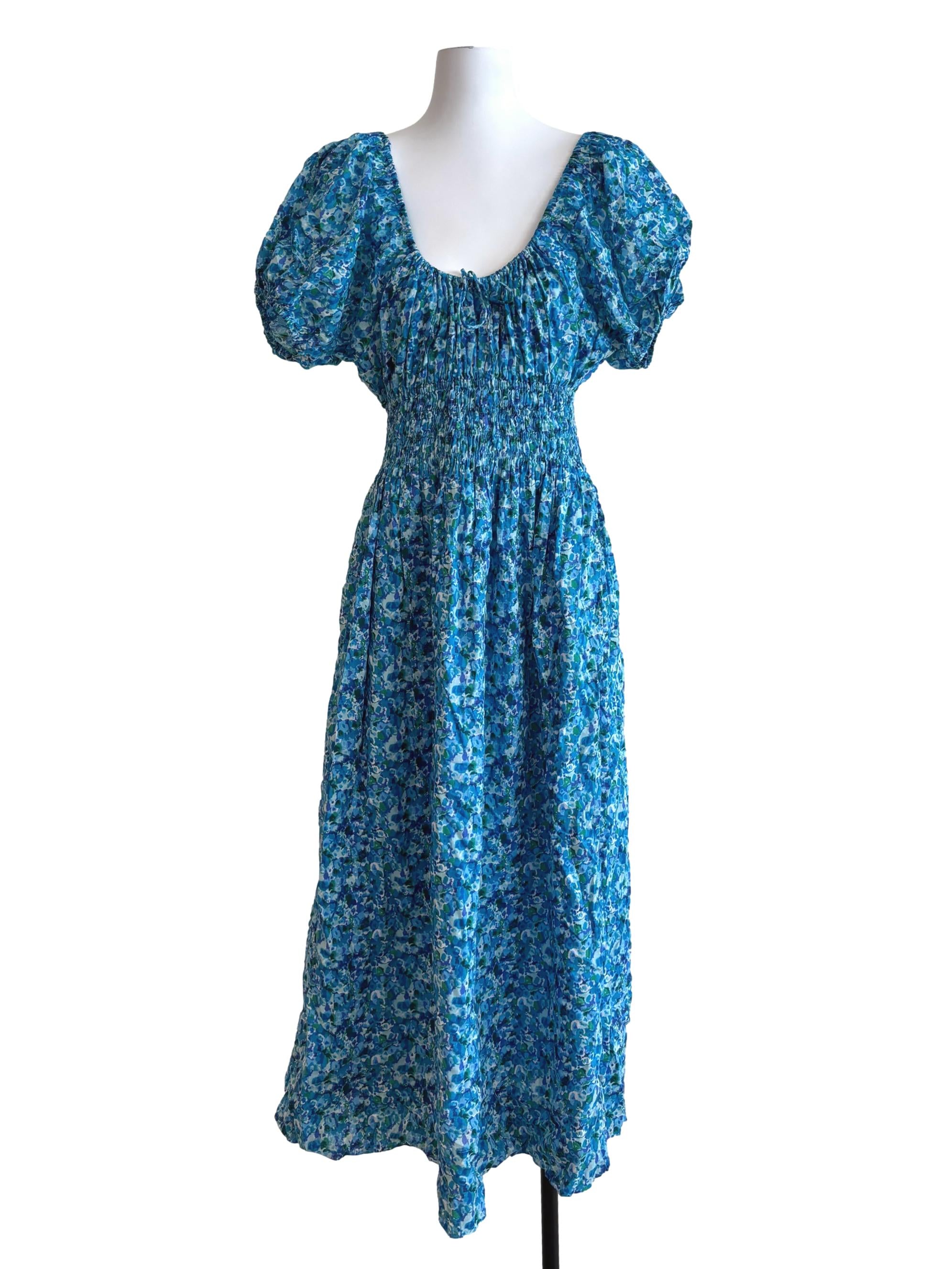 Cerulean Blue Floral Smocked Maxi Dress