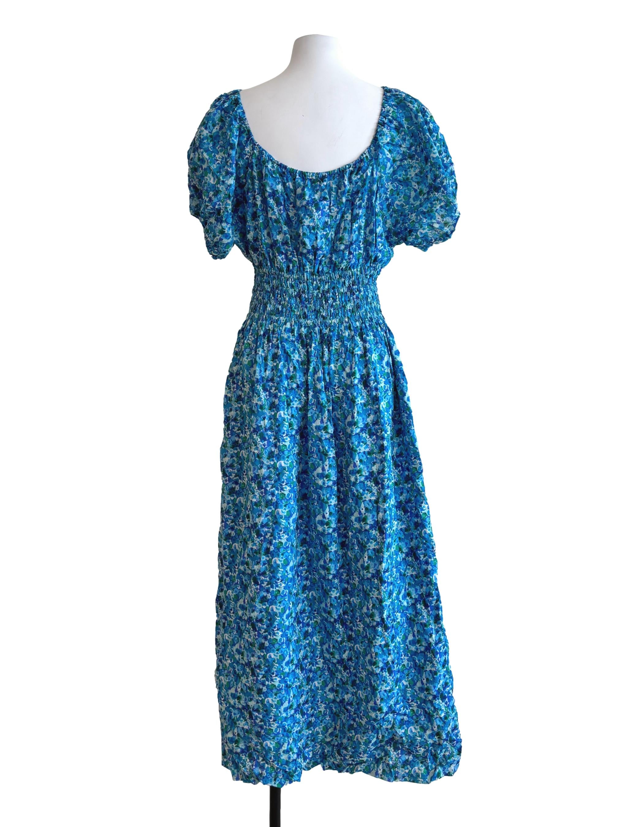 Cerulean Blue Floral Smocked Maxi Dress
