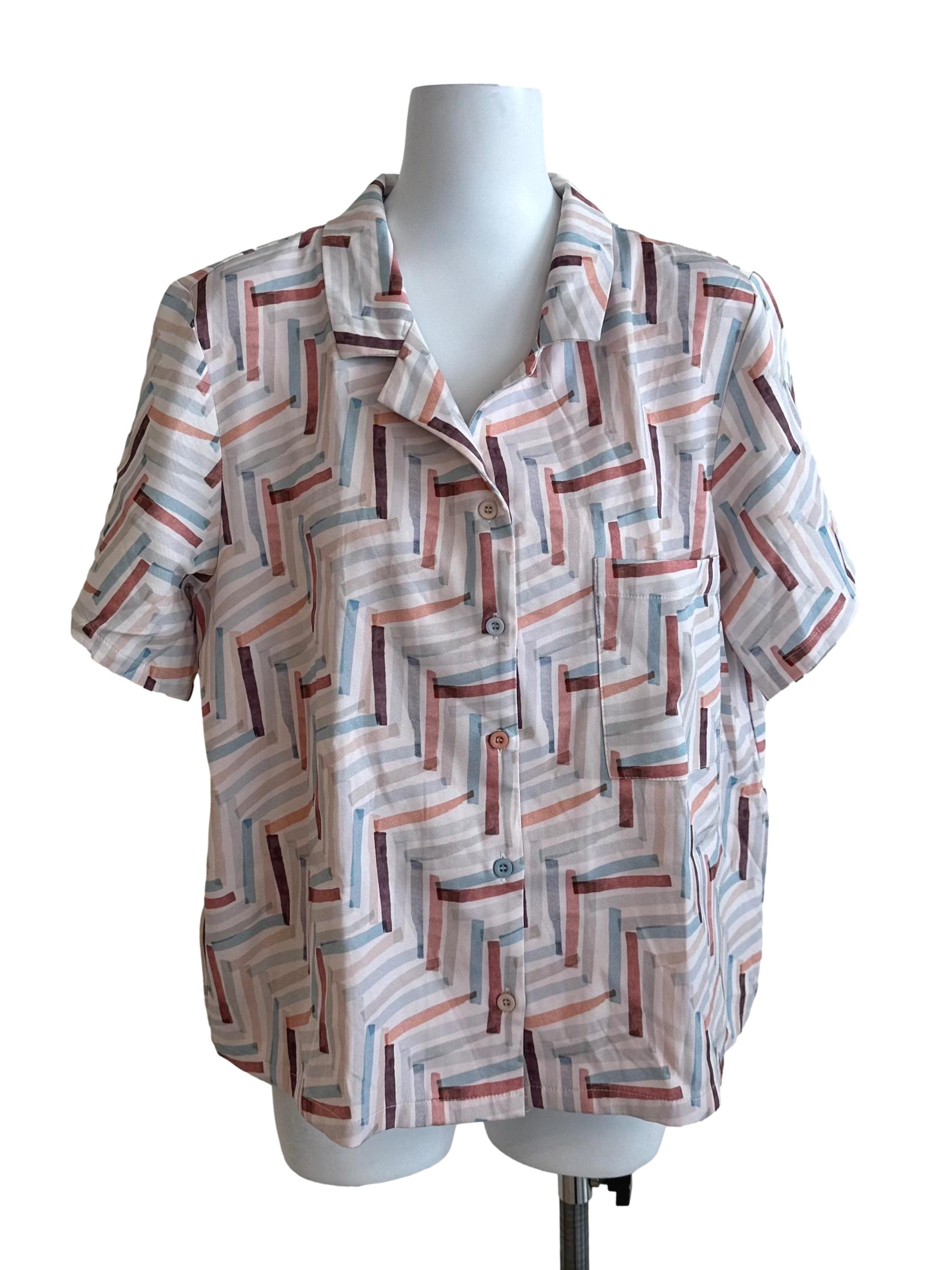 Multicolour Pattern Collar Button Top