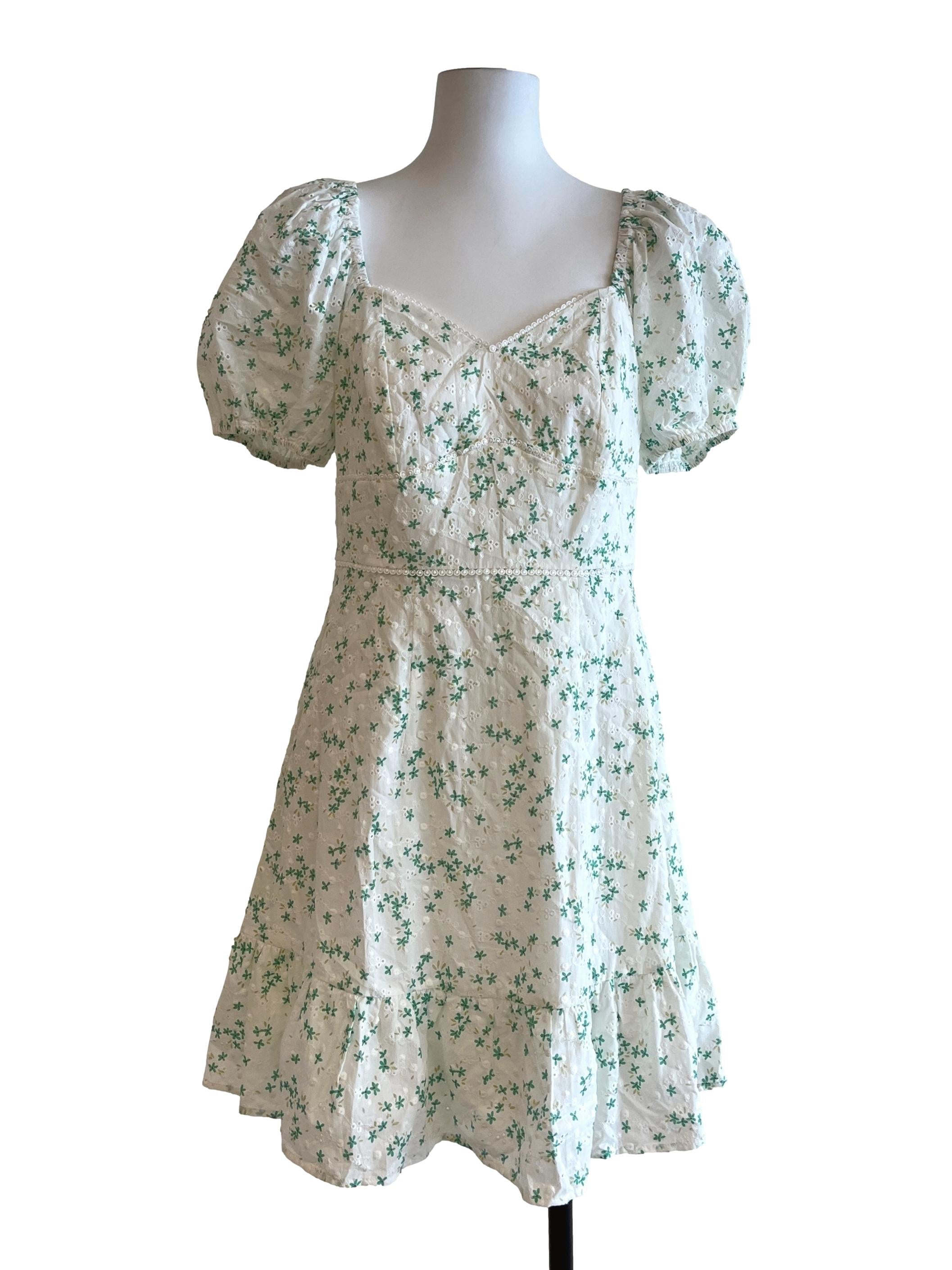 Cream White Floral Print Sweetheart Short Sleeve