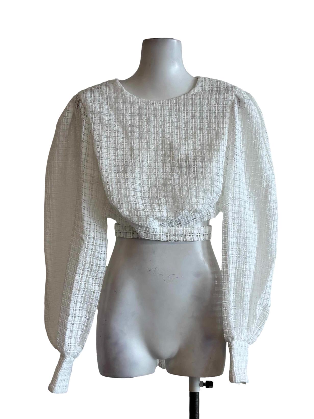 White Lace Long Sleeve Asymmetrical Crop Top