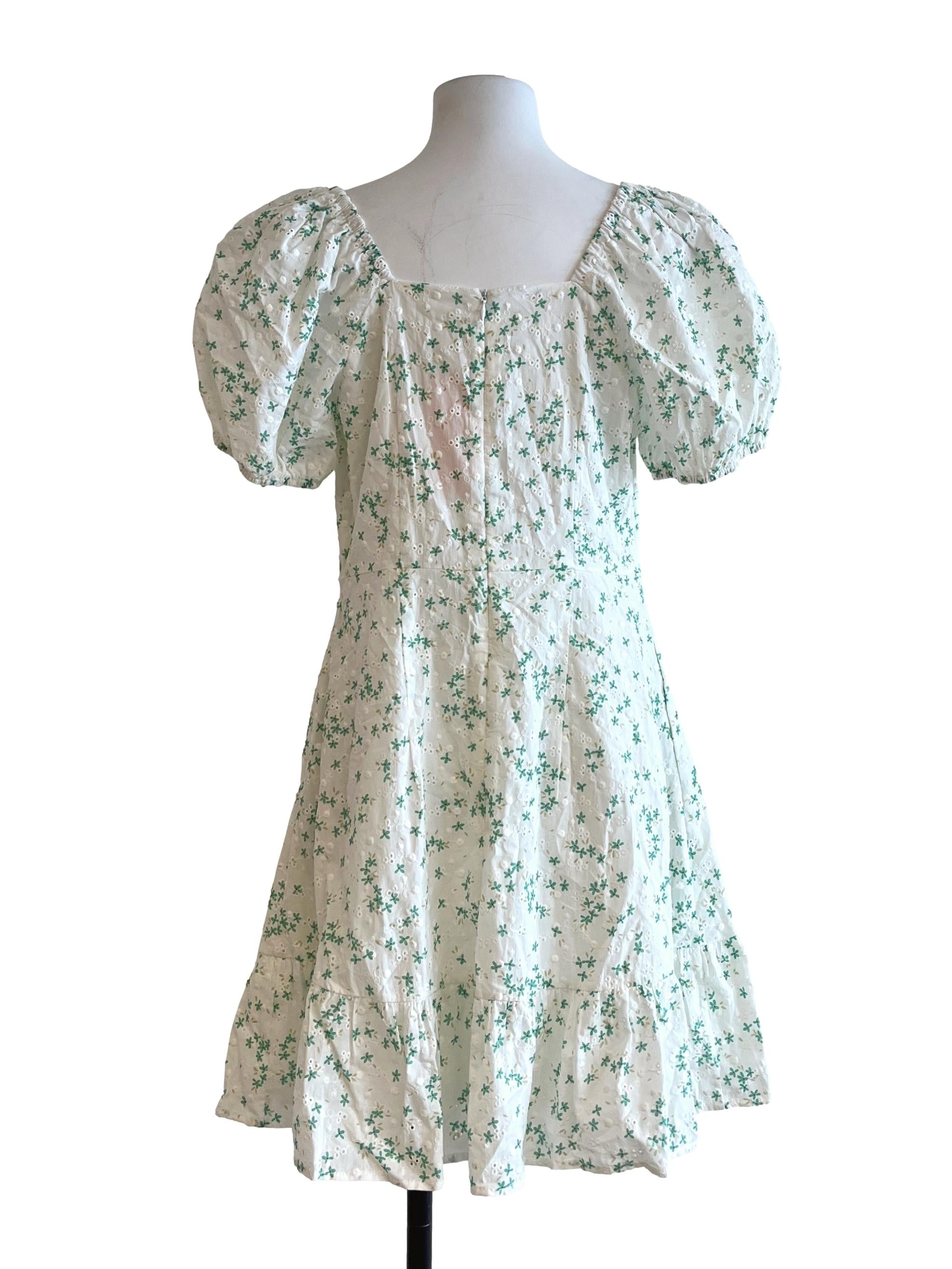 Cream White Floral Print Sweetheart Short Sleeve