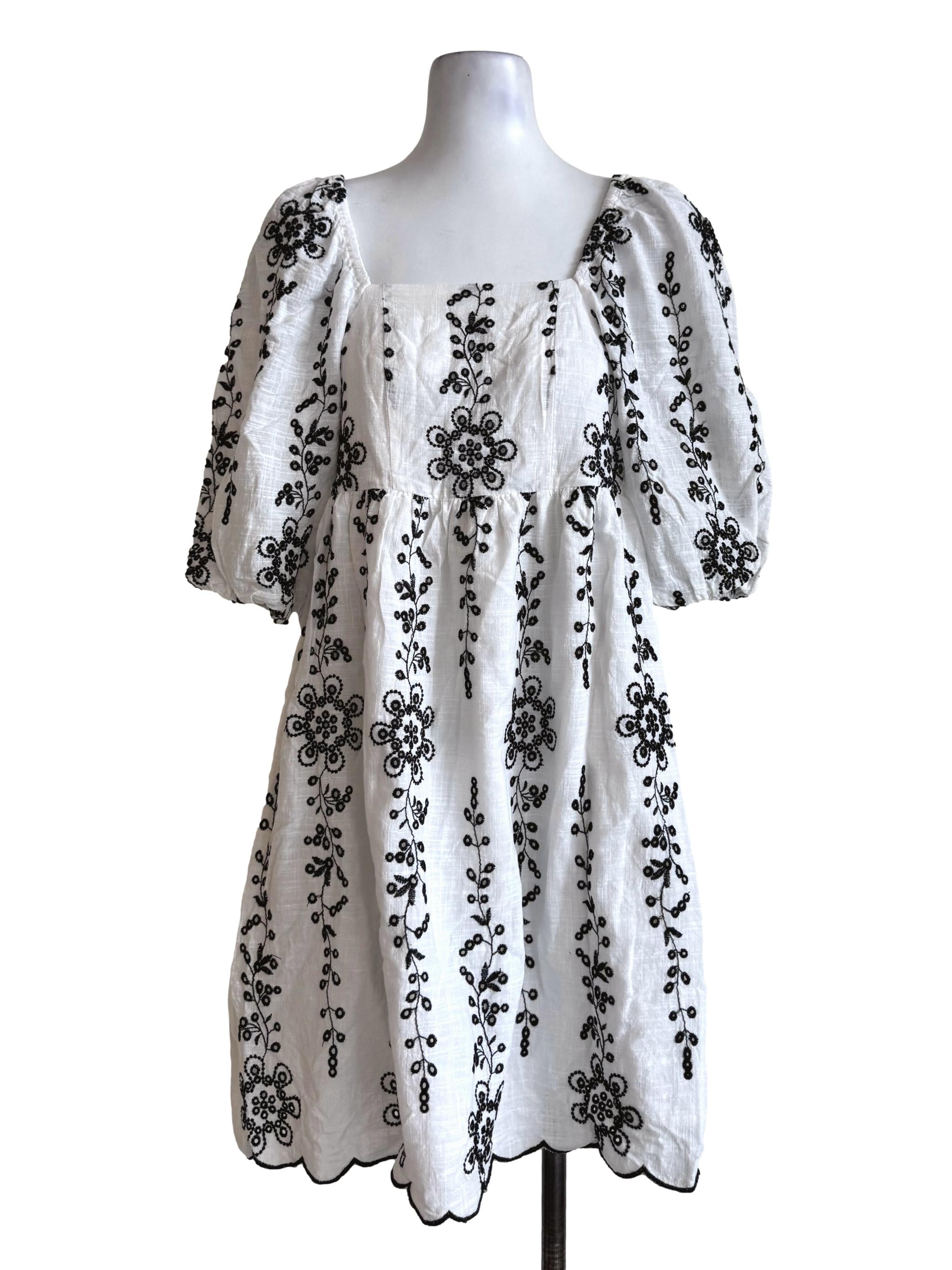 Cotton White Embroidery Square Neck Dress