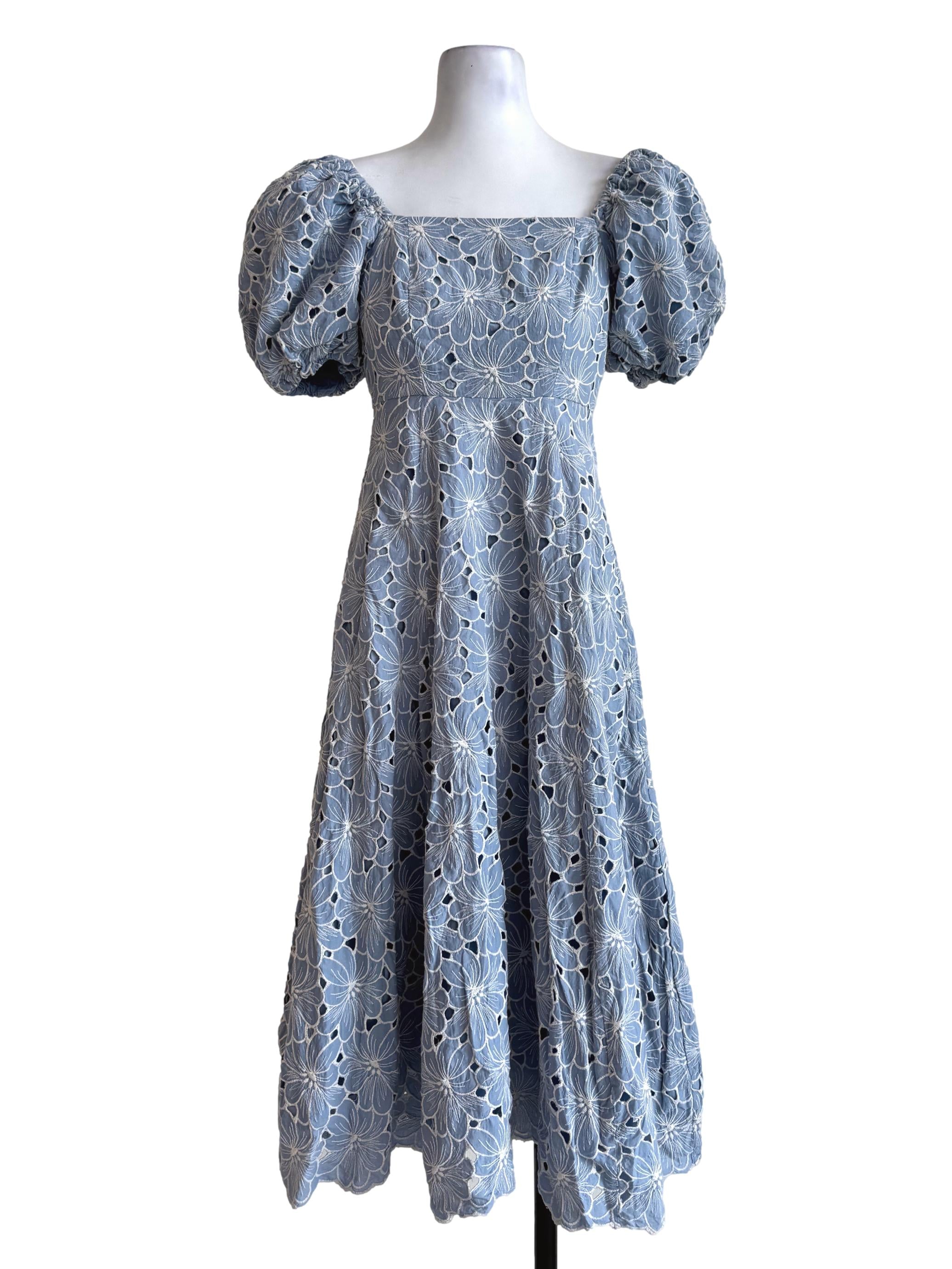 Haze Blue Embroidery Bubble Sleeve Dress