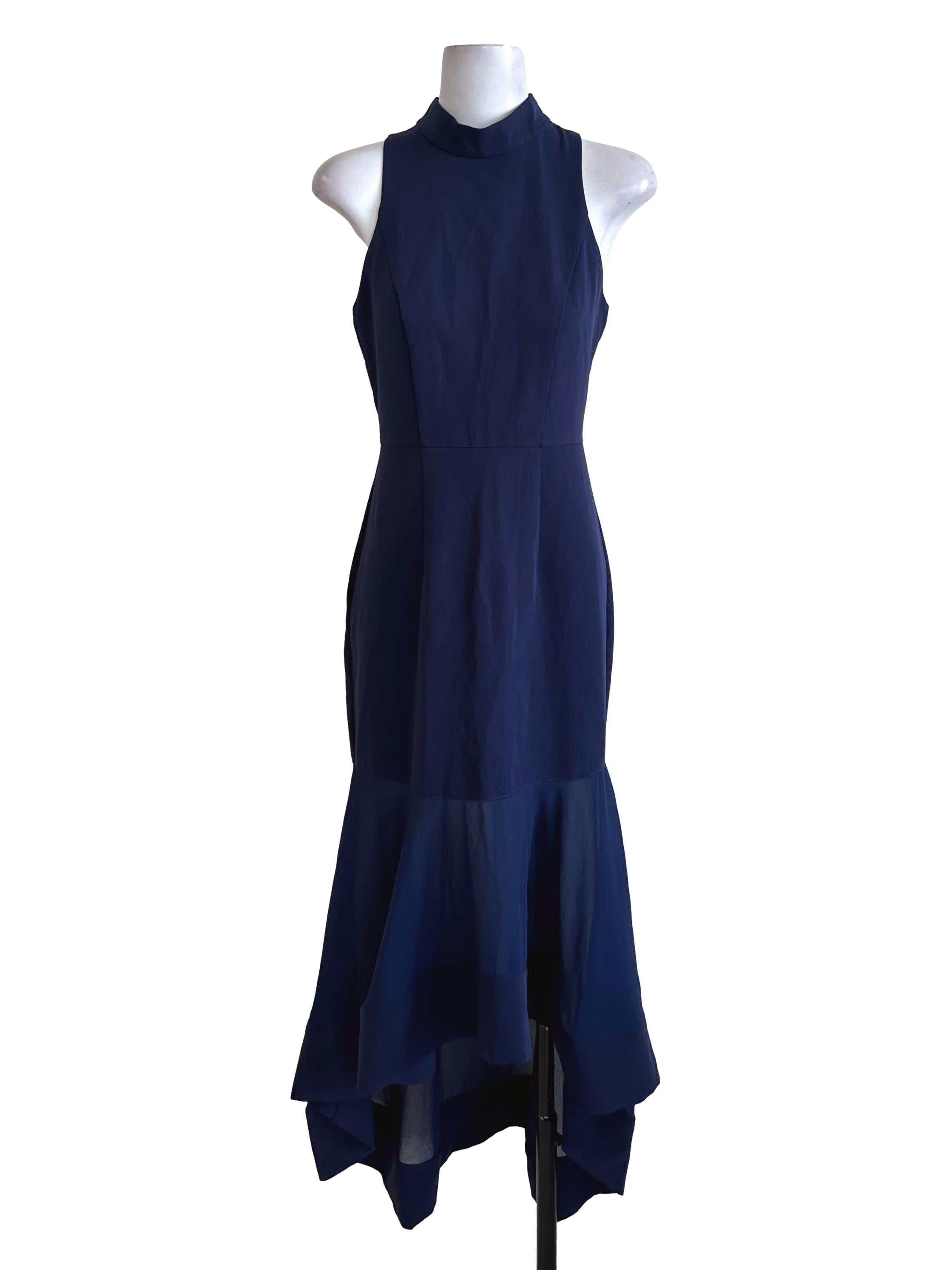 Navy Blue High Neck Fishtail Dress