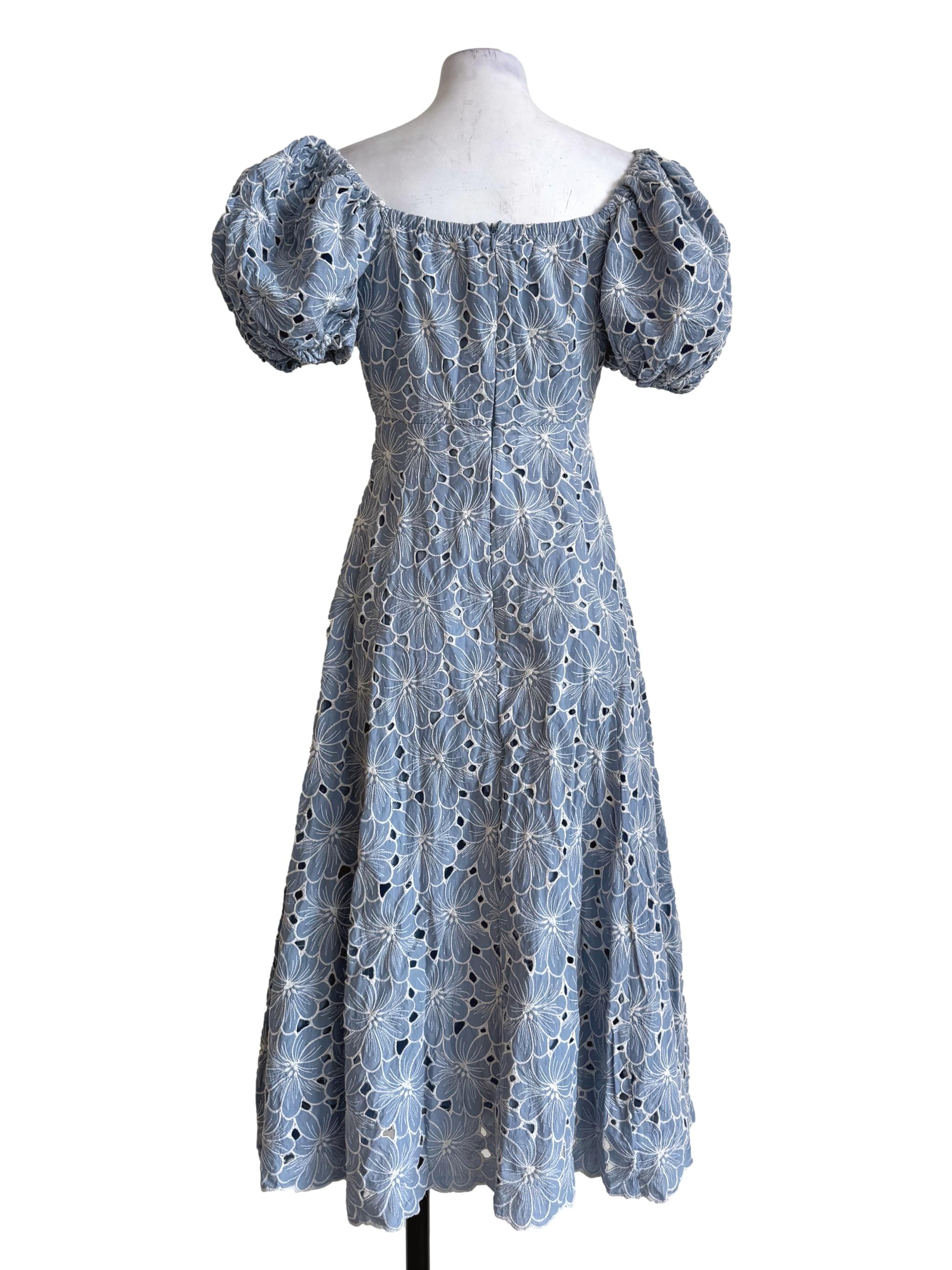 Haze Blue Embroidery Bubble Sleeve Dress